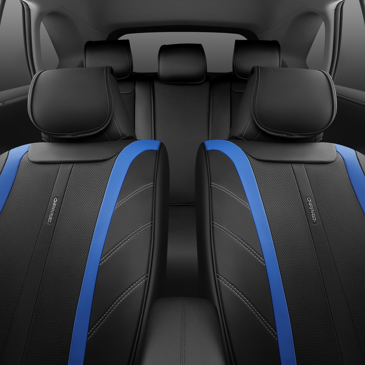 CAR PASS Luxury Faux Leather Seat Covers Full Set, Breathable Sporty Premium Leather Seat Covers, Waterproof Anti Slip Automotive Seat Covers Universal Fit for 95% Trucks SUV Sedans Van,Black and Blue