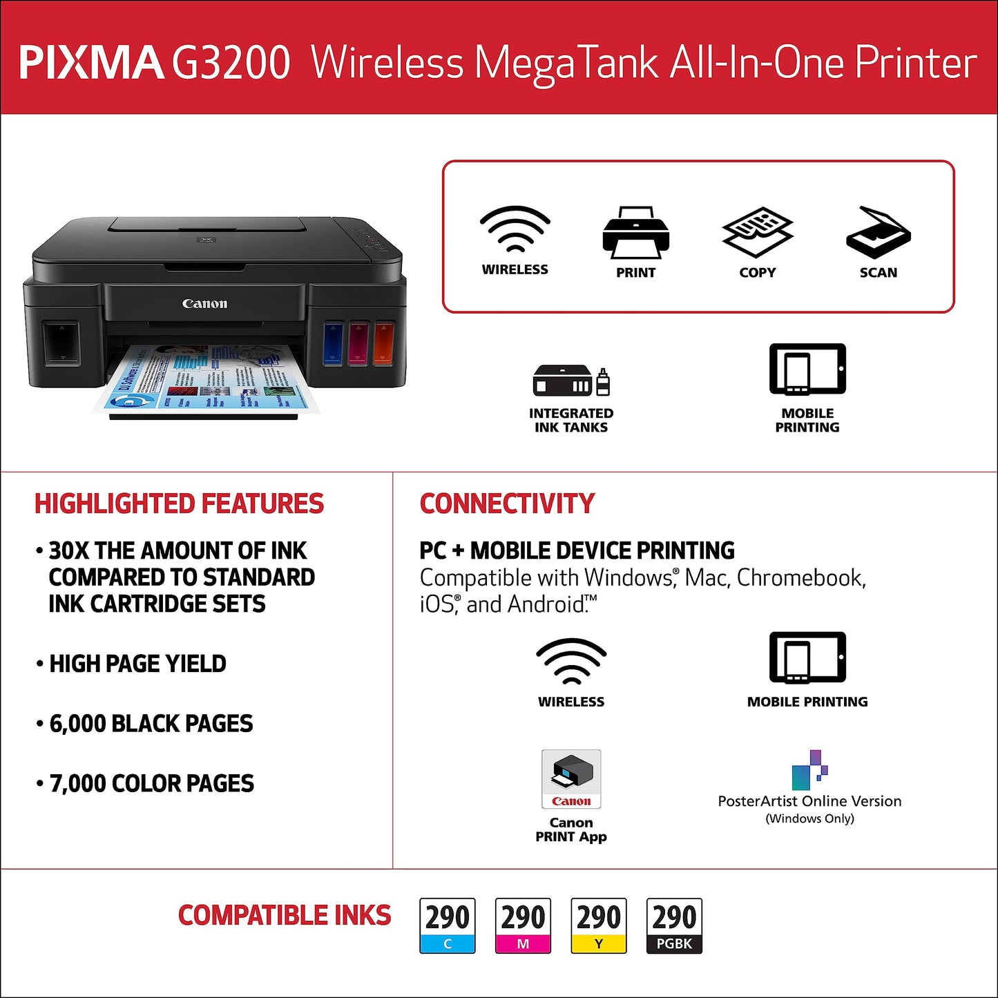 Canon G3200 All-In-One Wireless Supertank (MegaTank) Printer| Copier| Scanner| and Mobile Printing, Black, 6.5" x 17.6" x 13" (0630C002)