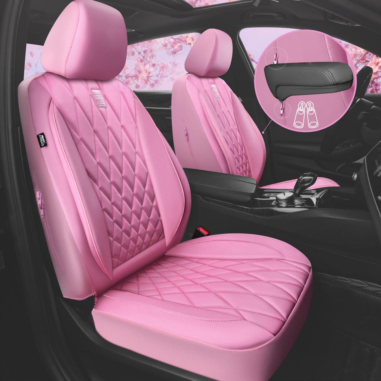 CAR PASS 5 Seats Piping Luxury Leather Seat Covers Full Set, Anti-Slip Waterproof Seat Covers Compatible with Front Armrests, Universal Fit for Suvs,Vans,Trucks,Airbag Compatible, Pure Pink