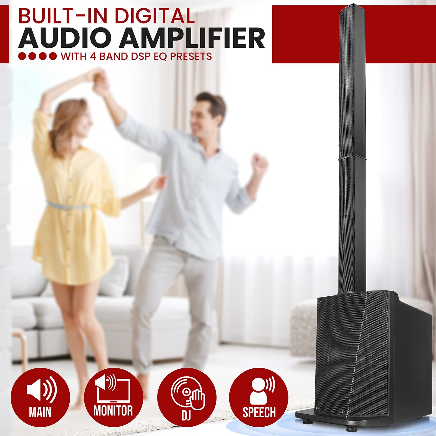 Pyle Line Array Column Speaker - Professional and Compact Sound System with 10 Inch Subwoofer, 8 x 3 Inch Drivers, Streaming, Built-in Digital Audio Amplifier with 4 Band DSP EQ Presets