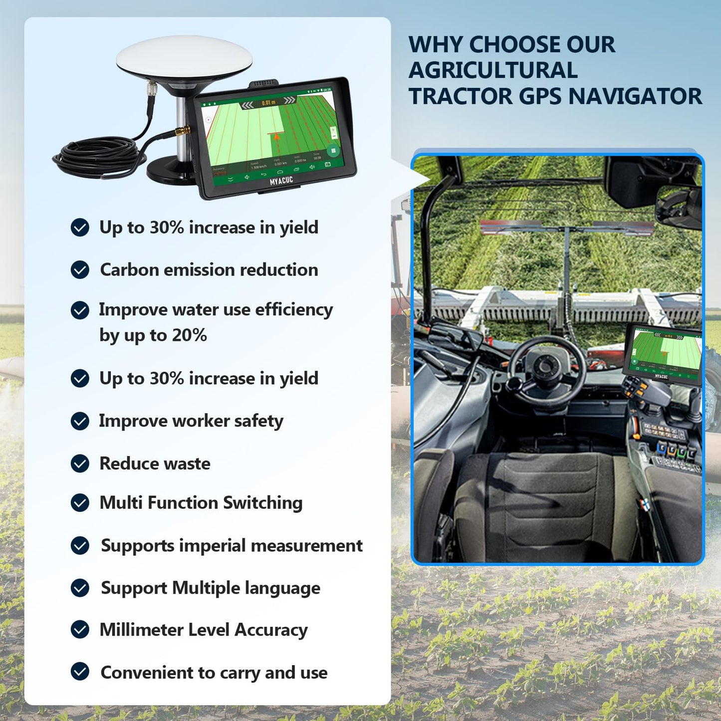 MYACUC Tractor GPS Navigator for Precision Farming, GNSS Agricultural Farming Navigator with 9" Touch Screen Suitable for Spraying Plowing and Sowing Farmland Activities Automatic Positioning