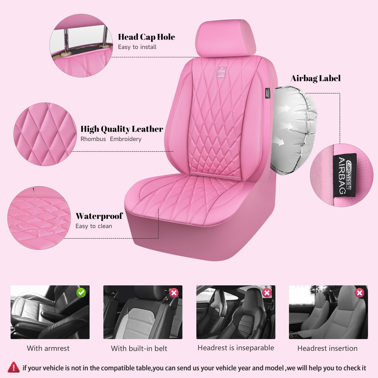 CAR PASS 5 Seats Piping Luxury Leather Seat Covers Full Set, Anti-Slip Waterproof Seat Covers Compatible with Front Armrests, Universal Fit for Suvs,Vans,Trucks,Airbag Compatible, Pure Pink