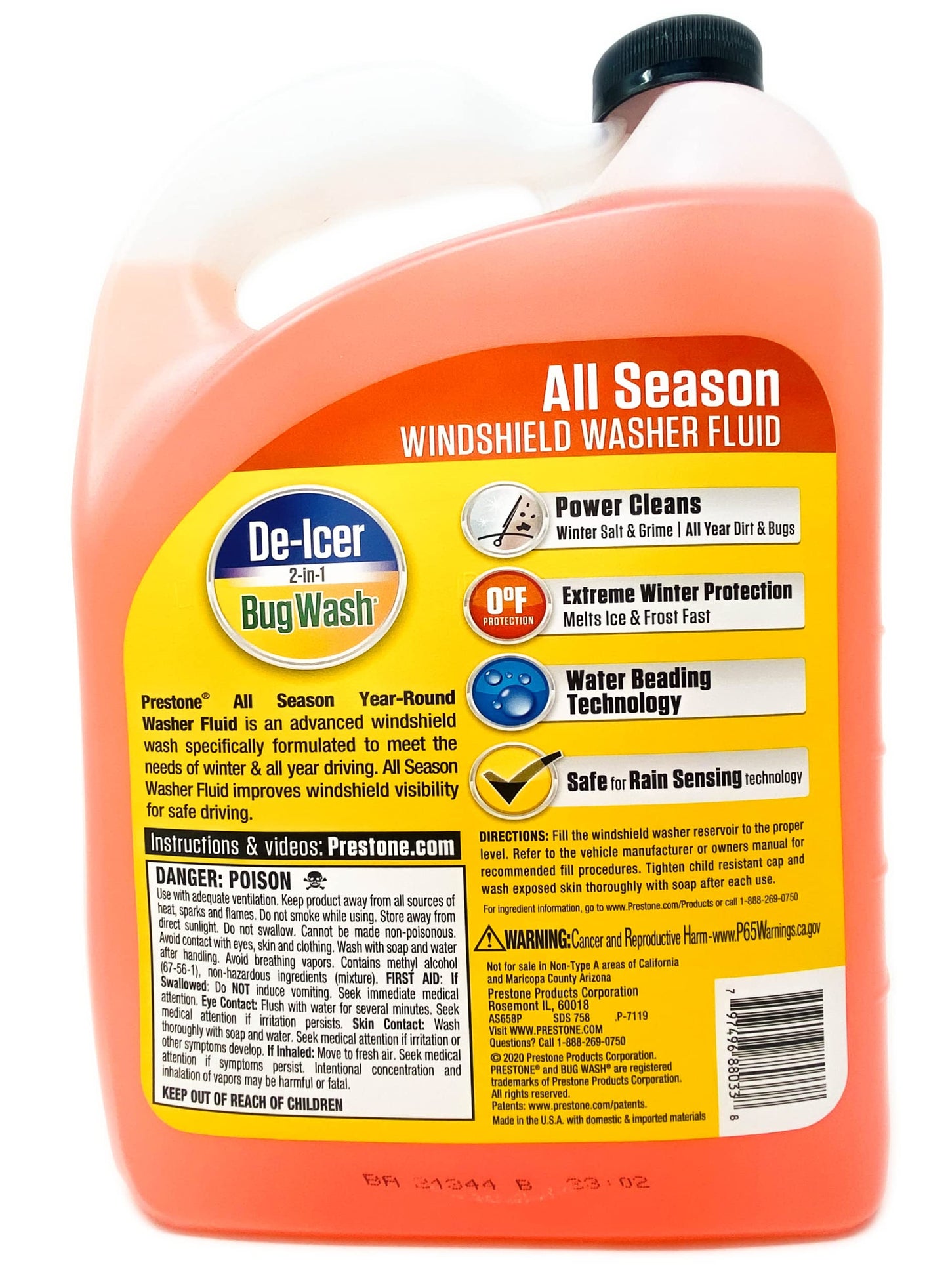 Prestone 2-in-1 All Season Year Round Windshield Washer Fluid 0 Degree (1 Gallon),Orange