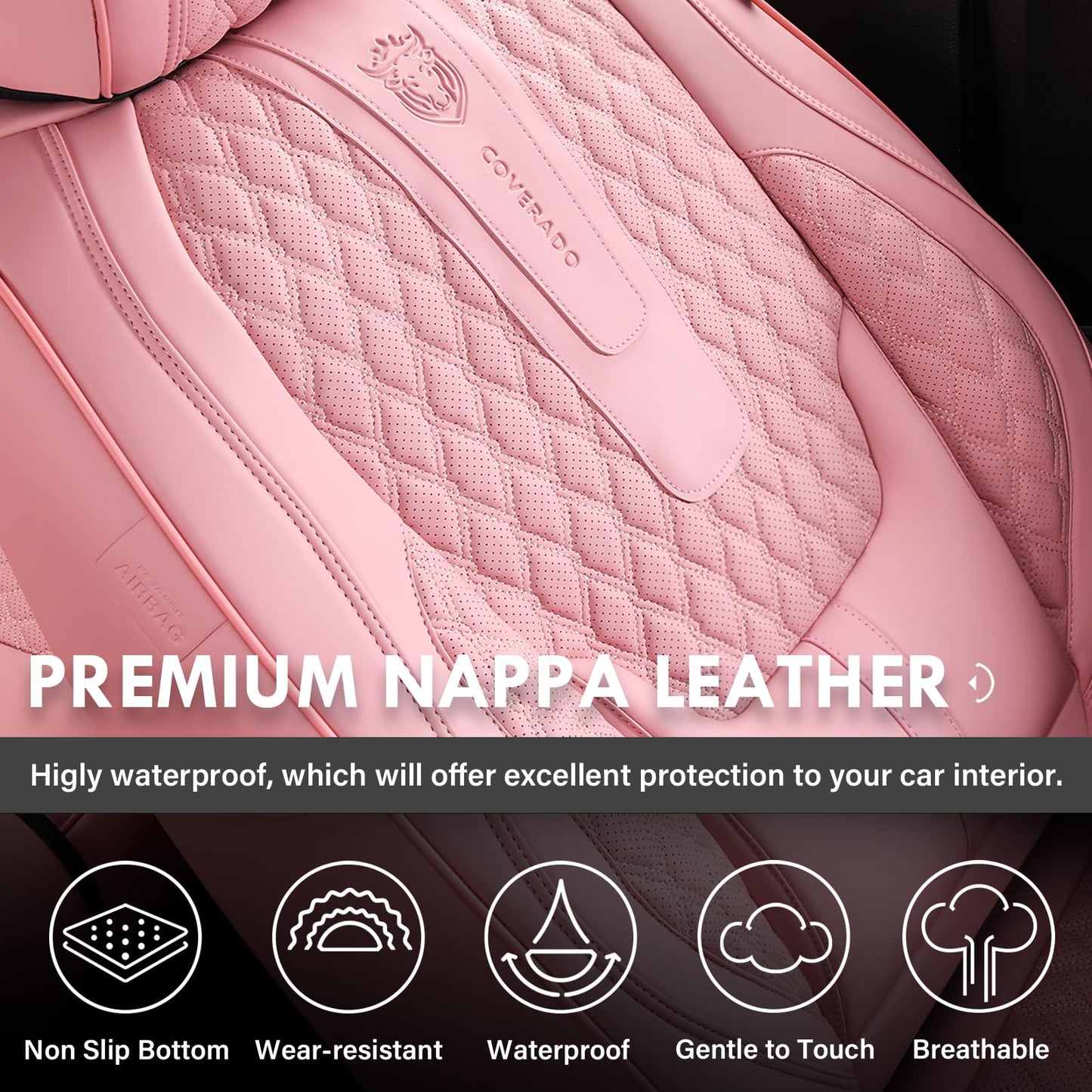Coverado Seat Covers Full Set, Pink Car Seat Covers, Waterproof Car Seat Cover with Lumbar Support, Leather Car Seat Cushion Protector, Car Seat Covers Universal Fit Most Cars
