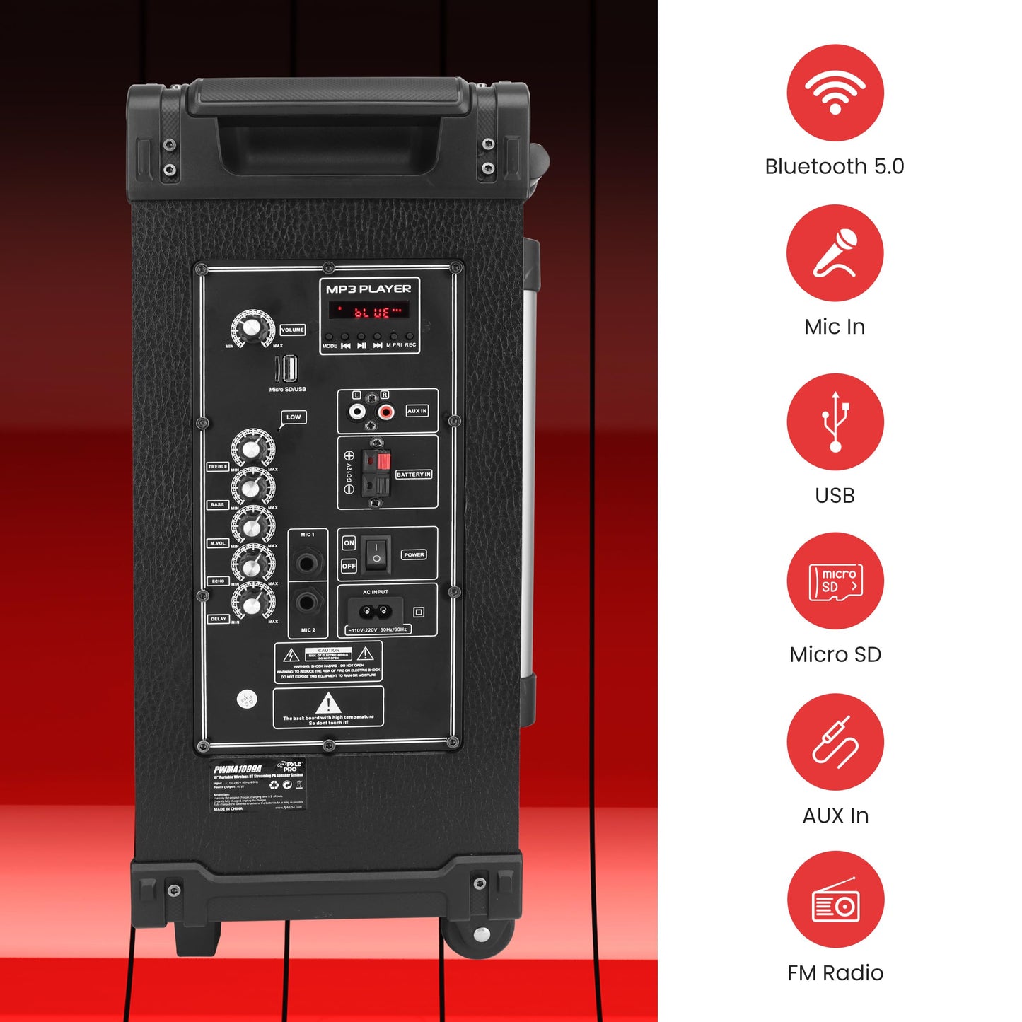 Pyle 10'' Portable Wireless Bluetooth Speaker System - Built-in Rechargeable Battery, Wireless Microphone, USB/Micro SD/FM - 600 Watt FM Radio with Digital LED Display, PWMA1099A,Black