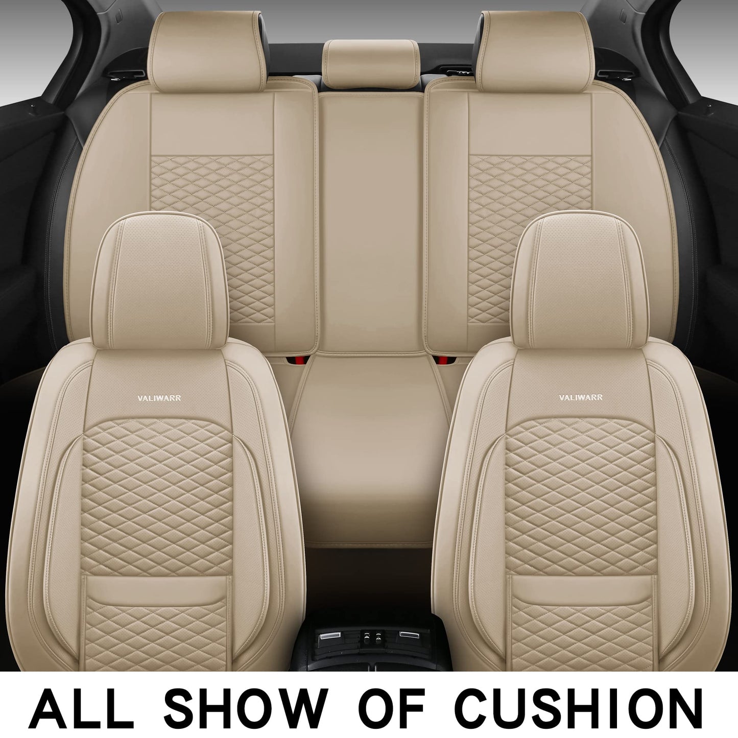 VALIWARR Full Coverage Faux Leather Car Seat Covers Full Set Fit for Cars Trucks Sedans SUVs with Waterproof Leatherette in Auto Interior Accessories (Beige)