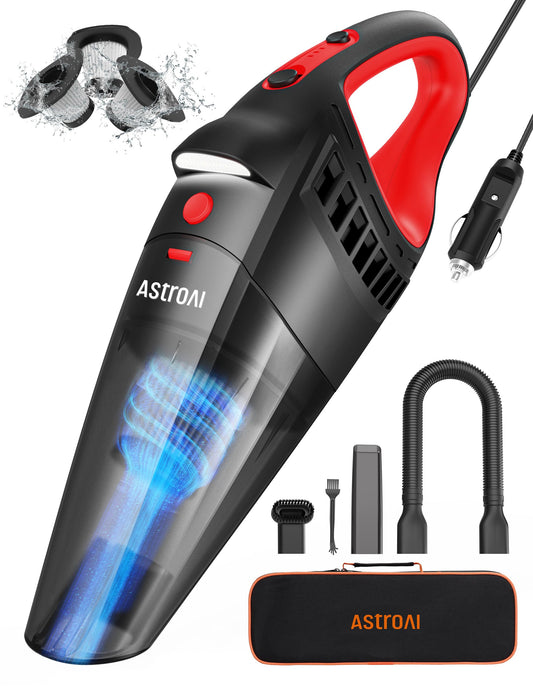 AstroAI Car Vacuum Cleaner, Portable Handheld Vacuum and Car Accessories, 16.4 Ft Cord-12V Power, LED Light, w/3 Attachments，Auto Accessories Kit for Interior Detailing for Quick Cleaning (Red)