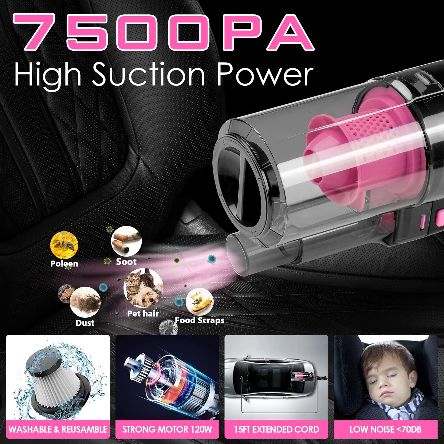 Viewsun 17pcs Car Cleaning Kit, Pink Car Interior Detailing Kit with High Power Handheld Vacuum, Detailing Brush Set, Windshield Cleaner, Cleaning Gel, Complete Auto Accessories for Women Gift