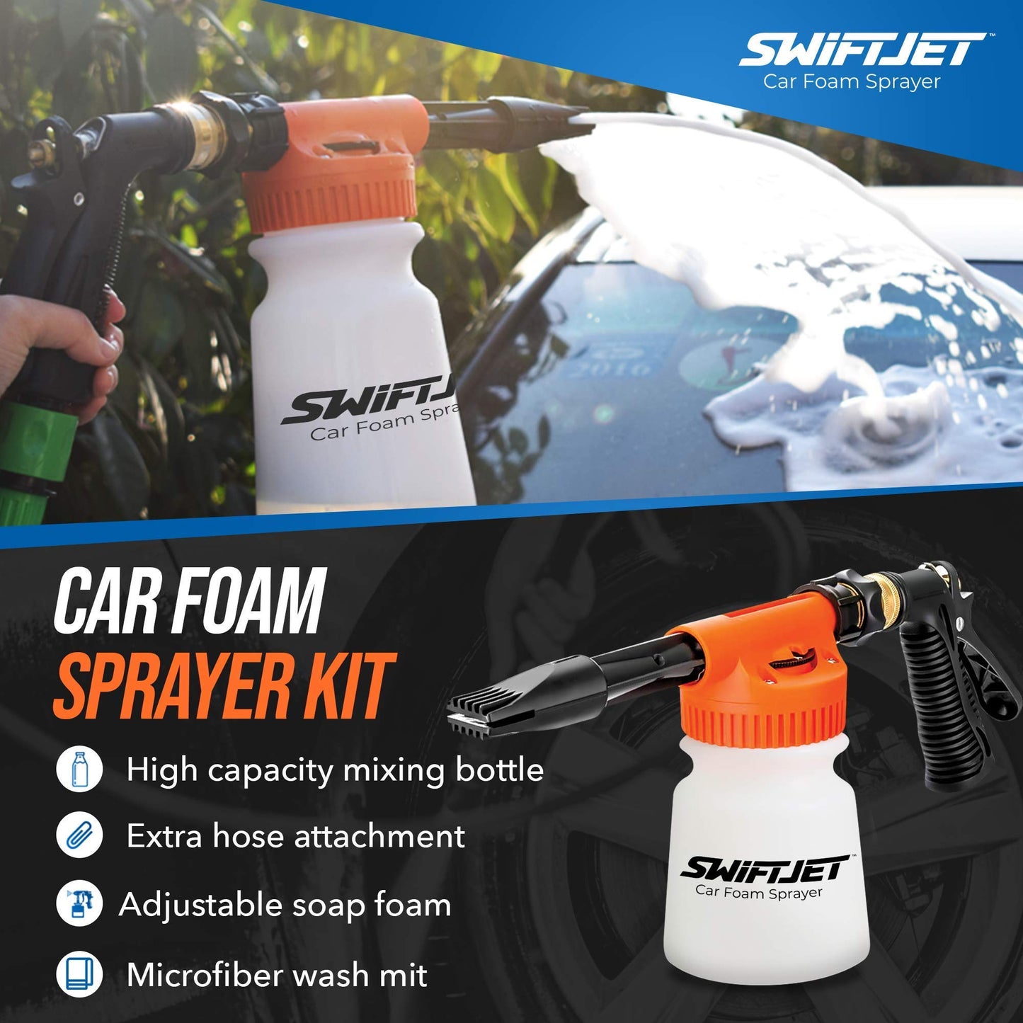 SwiftJet Car Wash Foam Gun + Microfiber Wash Mitt - Car Foam Sprayer - Car Wash Kit - Foam Cannon Garden Hose Sprayer - - Car Accessories for Men - Snow Foam Blaster (Orange Foam Gun with Mitt)