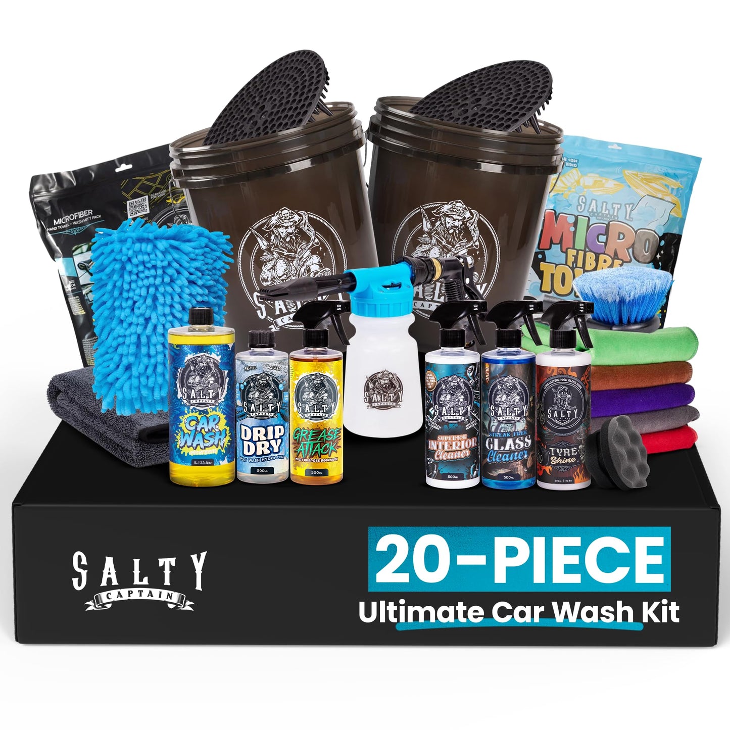 Salty Captain Mega 20-Piece DIY Car Cleaning Kit – All-in-One Car Detailing Kit with 2x Buckets, Towels, Brushes & 6x Cleaning Fluids – Foam Blaster compatible with Garden Hose – Premium Quality