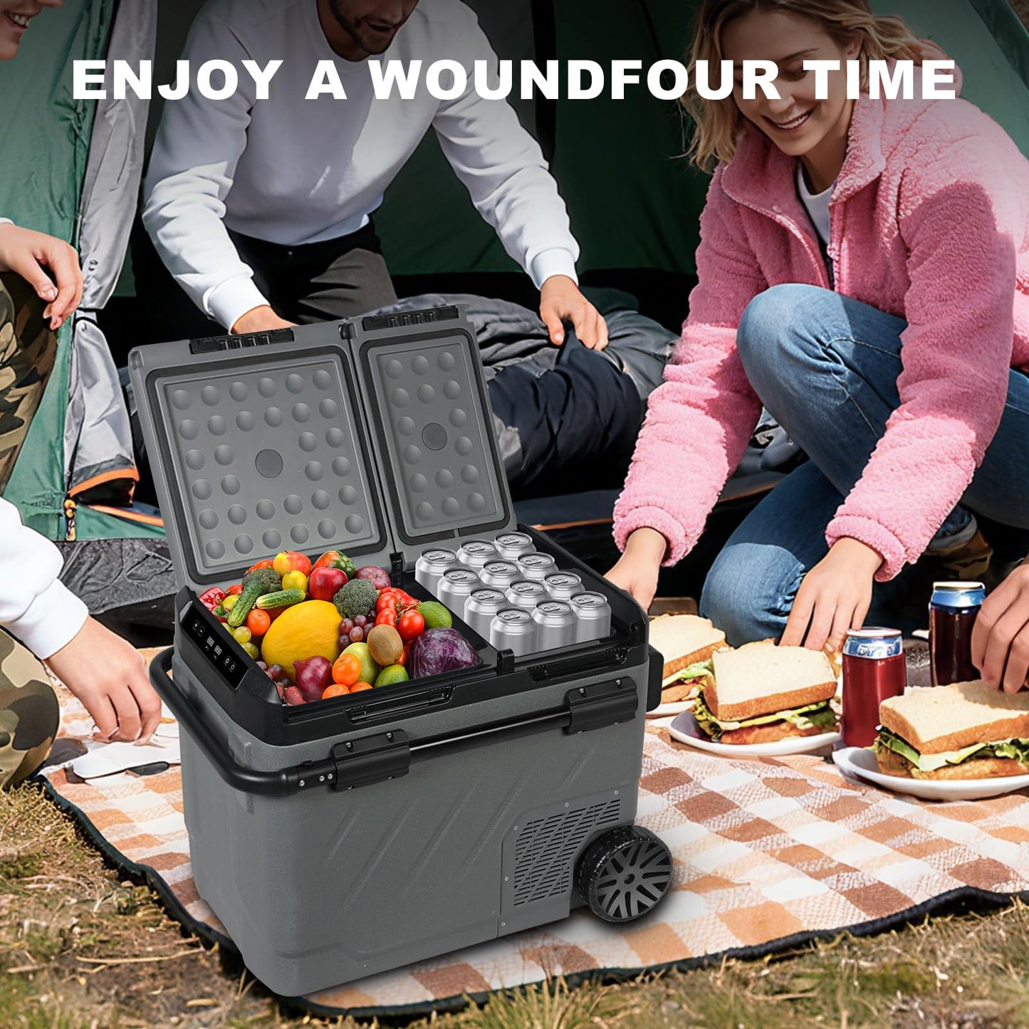 YELLOW JACKET 12v Car Refrigerator, 52-Quart Portable Freezer Electric Cooler with Wheels, 12V Car Fridge for Outdoor Camping Travel,12/24V DC 110~240 Volt AC Refrigerator for Home,RV, Offic