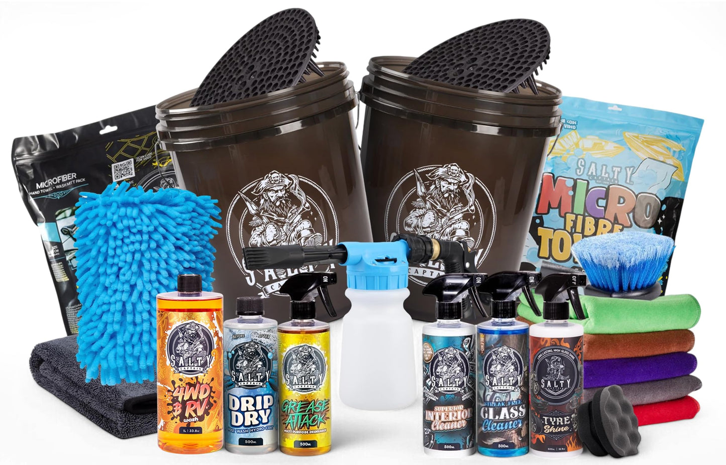 Salty Captain Mega 20-Piece DIY 4WD Cleaning Kit – All-in-One Car Detailing Kit with 2x Buckets, Towels, Brushes & 6x Cleaning Fluids – Foam Blaster compatible with Garden Hose – Premium Quality