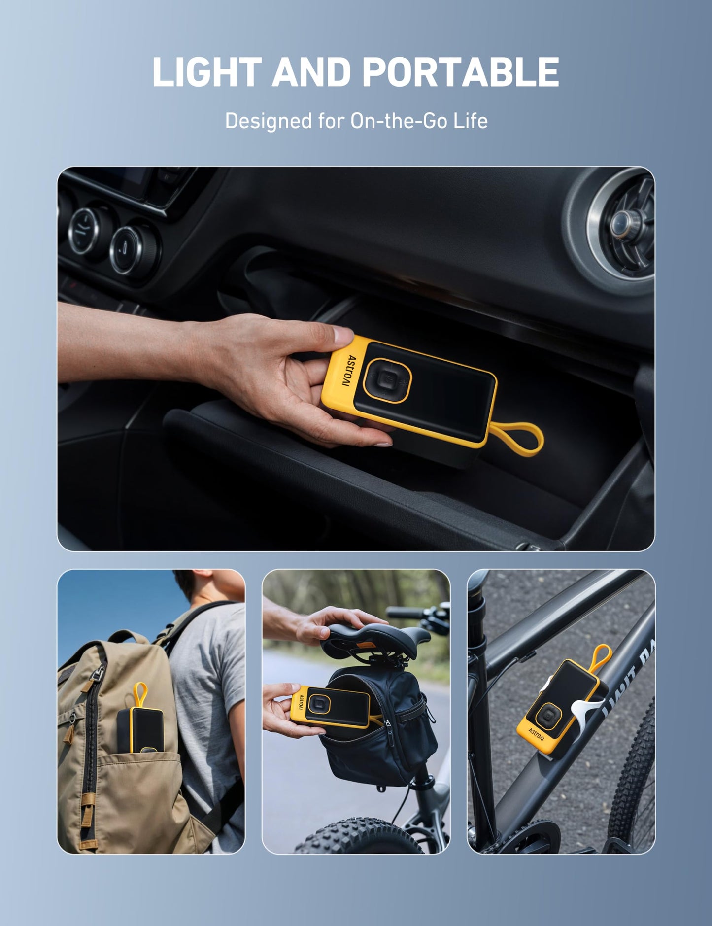 AstroAI L7 Air Tire Inflator Portable Air Compressor, 150PSI Electric Cordless Bike Pump with Fast 1-min Inflation, Auto Shutoff, LED Light – Rechargeable for Car, SUV, Motorcycle, Bike Tires, Yellow