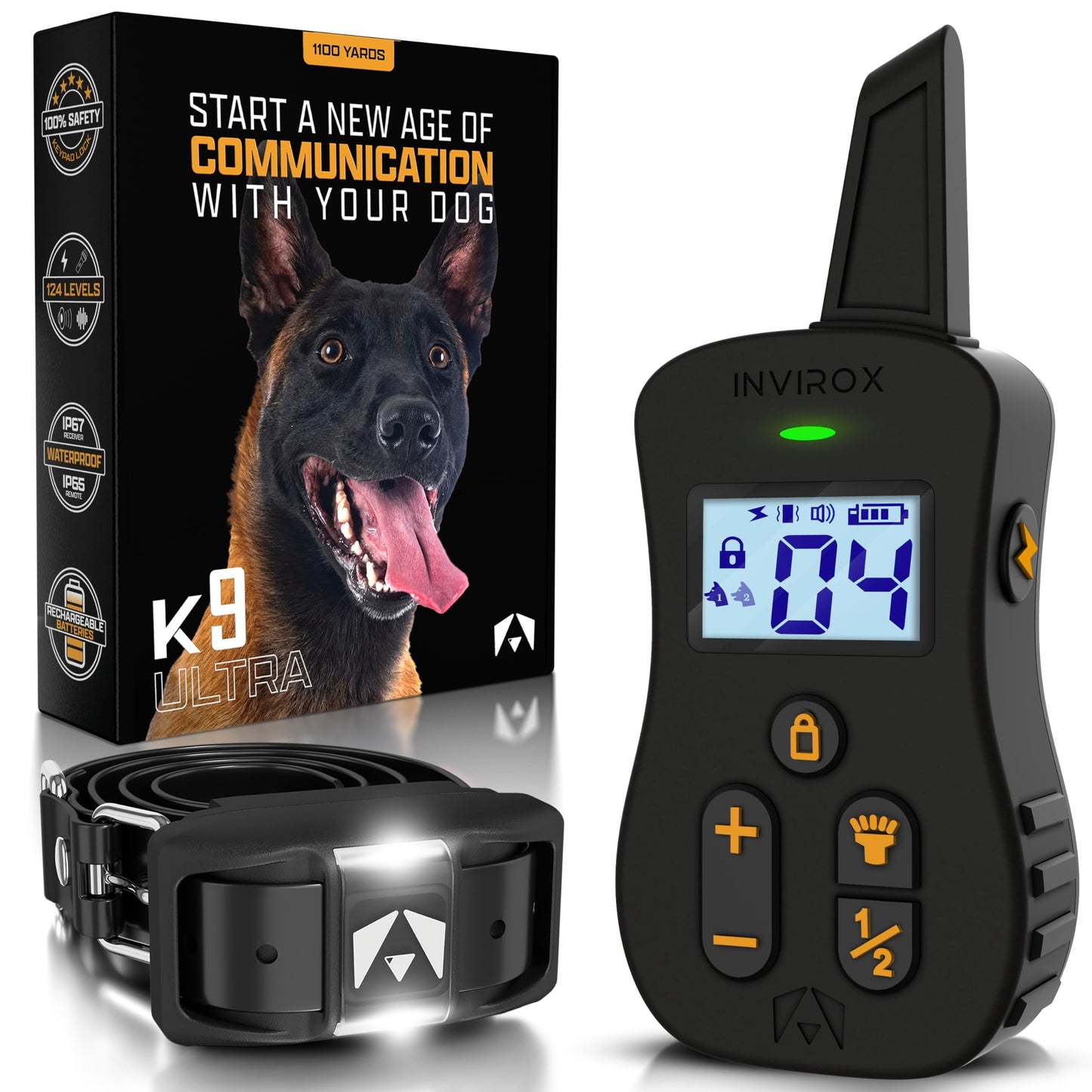 INVIROX Dog Shock Collar [Ultra K9] 124 Training Levels, 4 Powerful Modes with Night-Light and ¾ Mile Range 100% Safe Dog Training Collar for Large Dogs IP67 Waterproof (Black)