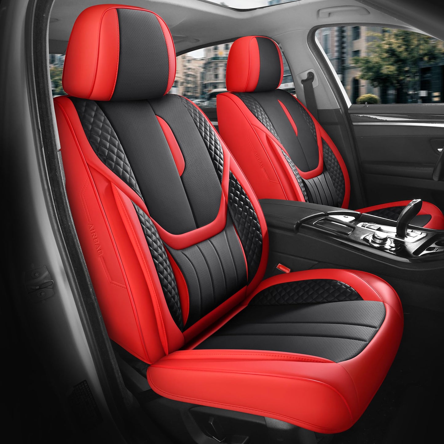 FEINEPRO Car Seat Covers Full Set - Universal Seat Covers for Cars SUV Truck – Faux Leather Automotive Seat Covers, Breathable & Waterproof Front and Rear Seat Protectors, Fit for Most Cars-Redblack