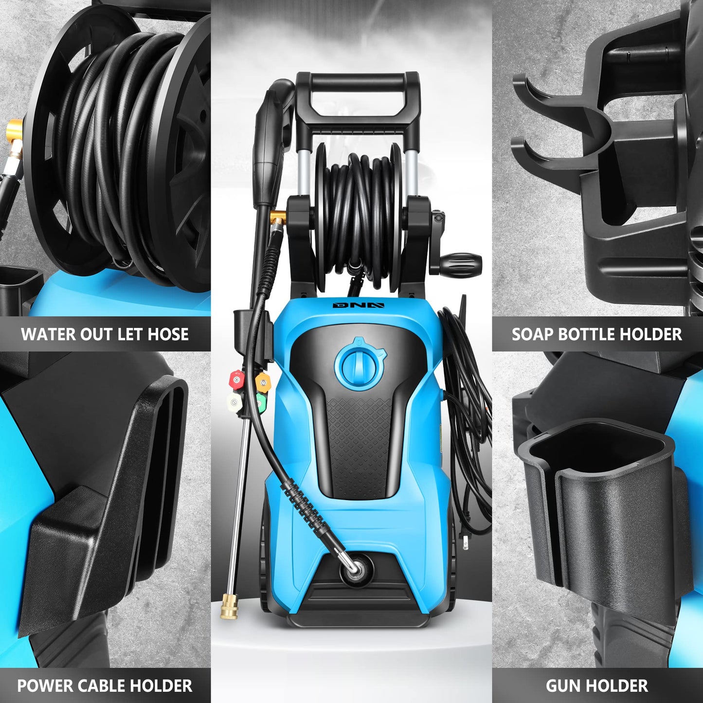 DNA MOTORING TOOLS-00231 Up to 2176 PSI Pressure 2.4 GPM Max Flow Electric Pressure Washer for Yard and Car Cleaning with Spray Nozzle Foam Bottle + 4 Turbo Nozzles IPX5 Driveway Patio Deck (Blue)