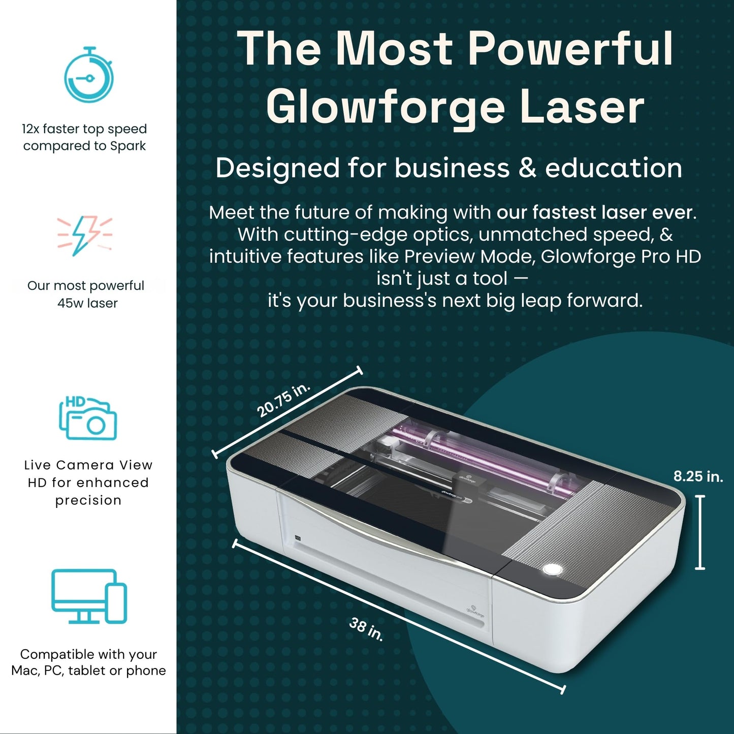 Glowforge Pro HD Laser Cutter and Engraver Machine with 45W CO2 Laser - Ultimate Power Laser Engraver with Cooling for Fast Laser Engraving on Wood, Leather, Metal, and Stone