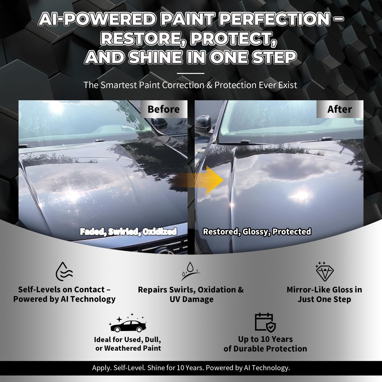 Magic Shield Diamond AI Coating – Graphene Liquid Self-Leveling Techology | Repairs & Protects | Last for 10 Years | High-Gloss Shine | Hydrophobic & Scratch-Resistant | for Car Paint, Headlights ONLY