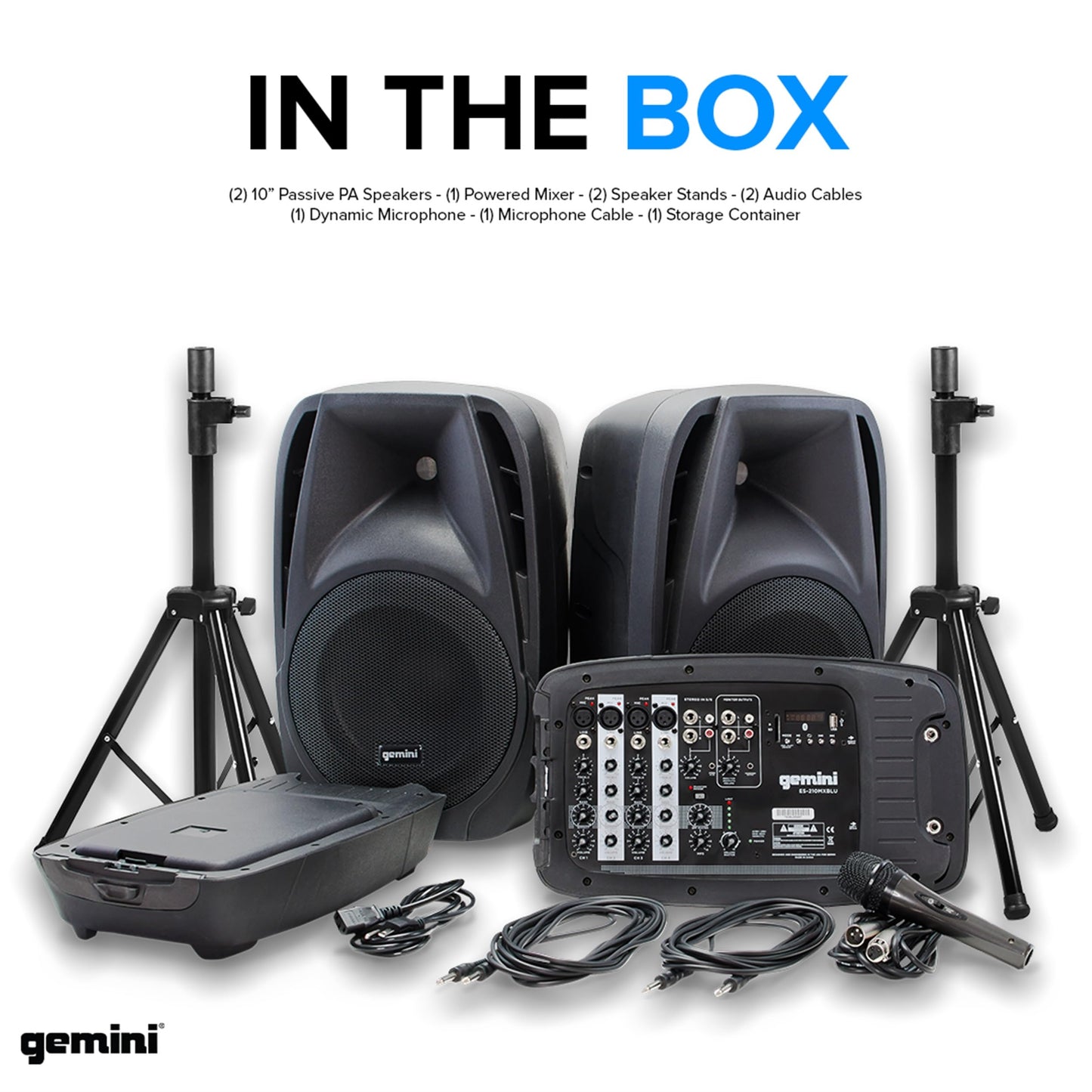 Gemini Portable PA System with Stands, Bluetooth, 600W Powered System with 6-Channel Mixer, Dual 10" Speakers, Mic & Cables—All-in-One for Events, DJs & Fitness (ES-210MXBLU-ST)