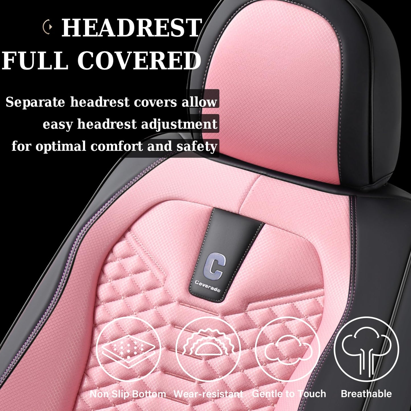 Coverado Car Seat Covers Full Set, 5 Seats Universal Seat Covers for Cars, Breathable Fabric& Faux Leather Auto Seat Cushions, Front and Rear Seat Protectors Fit for Most Sedans SUV Truck, Pink