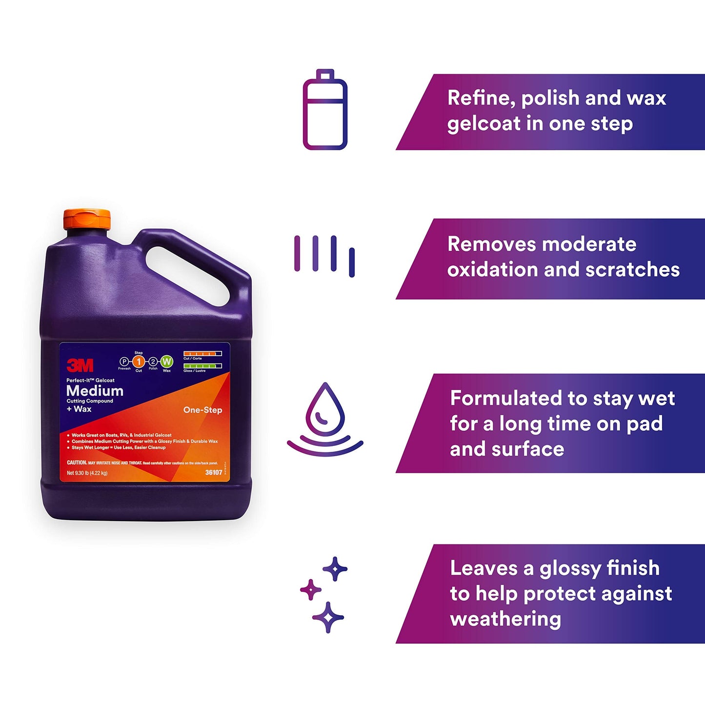 3M Perfect-It Gelcoat Medium Cutting Compound + Wax, 36107, 1 Gallon, One-Step Process, P1500 and Finer Scratches, Fiberglass Oxidation Remover for Boats and RVs
