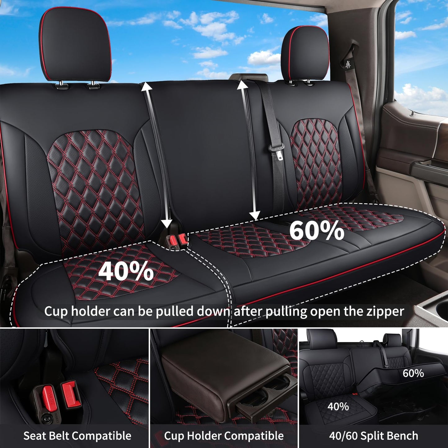 Huidasource Full Coverage F150 Seat Covers Cushion Protector Fit for 2015-2025 Ford F150 SuperCrew & 2017-2025 F250 F350 F450 Super Duty Crew Cab XL XLT Lariat King Ranch Platinum(Full Set/Black&Red)