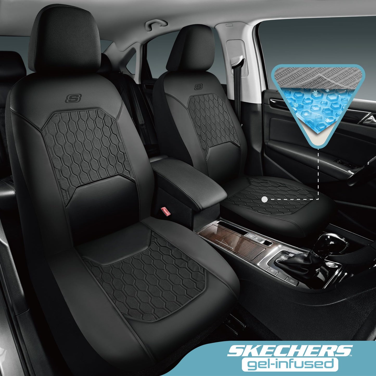 Skechers Gel Seat Covers,Cooling Car Seat Covers,Leather Front Seat Covers,Airbag Compatible,Automotive Comfort Universal Fit for SUVs,Vans,Sedans,Cars,Trucks,Black
