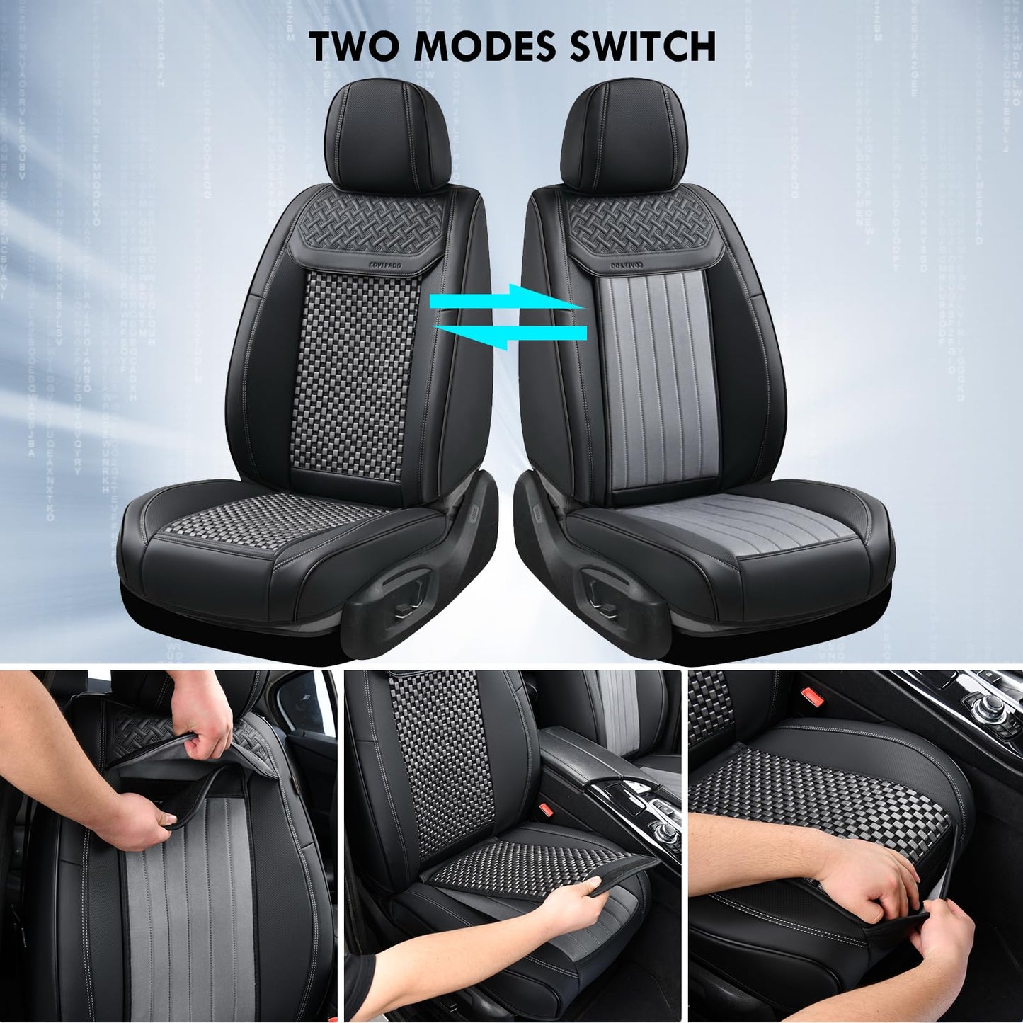 Coverado Front Car Seat Covers, Leather Seat Covers for Car, 2 in 1 Conversions Automotive Car Seat Cover Protector Universal Fit for Most Cars SUVs and Trucks(Black&Gray)
