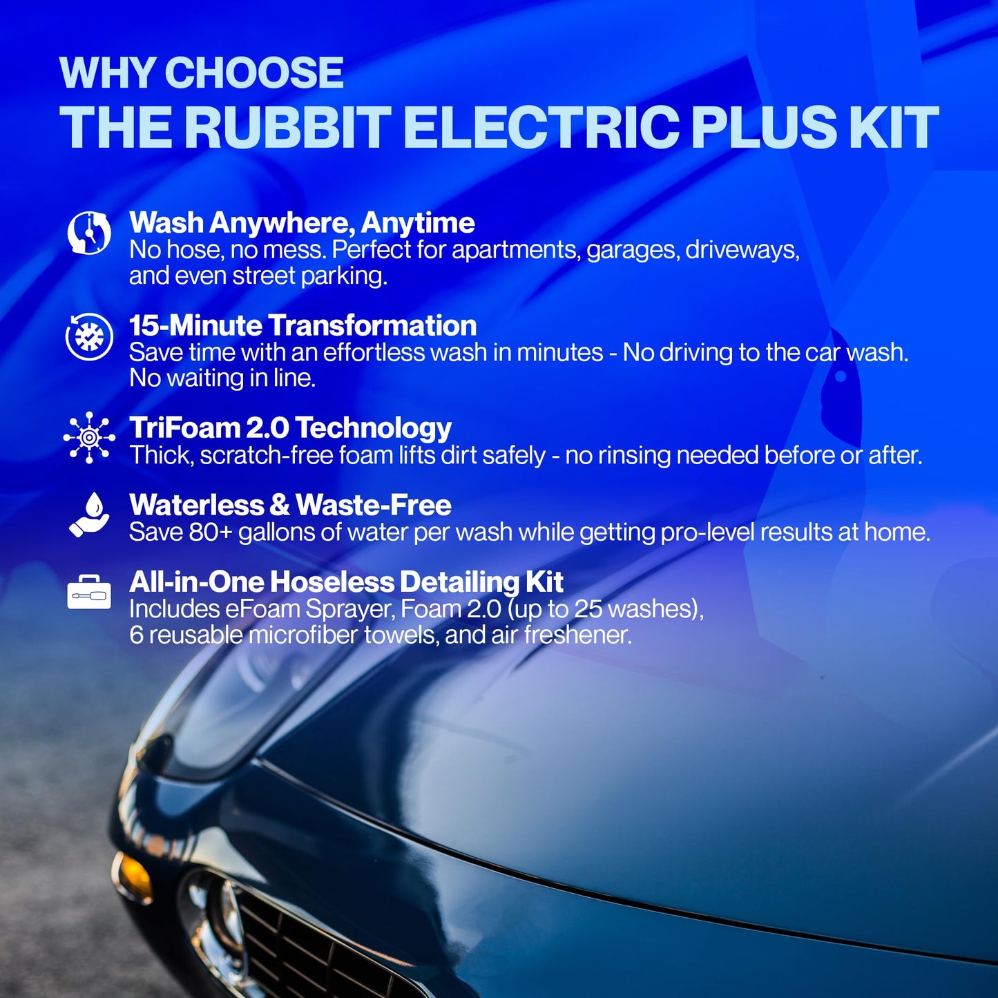 Rubbit Electric Plus Kit, Waterless Car Wash Kit, Rechargeable Electric Sprayer, Foam 2.0 Solution, 6 Reusable Microfiber Towels, & Air Freshener, Car Cleaning Supplies, 9 Piece Auto Cleaning Kit