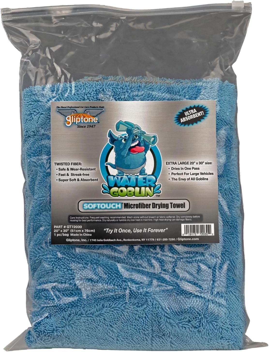 Gliptone Water Goblin 20" x 30" Extra Large Microfiber Drying Towel, Ultra Soft Softouch®, Streak-Free & Super Absorbent, Dries in One Pass, Safe for All Vehicles, Fast & Lint-Free, 6 Count