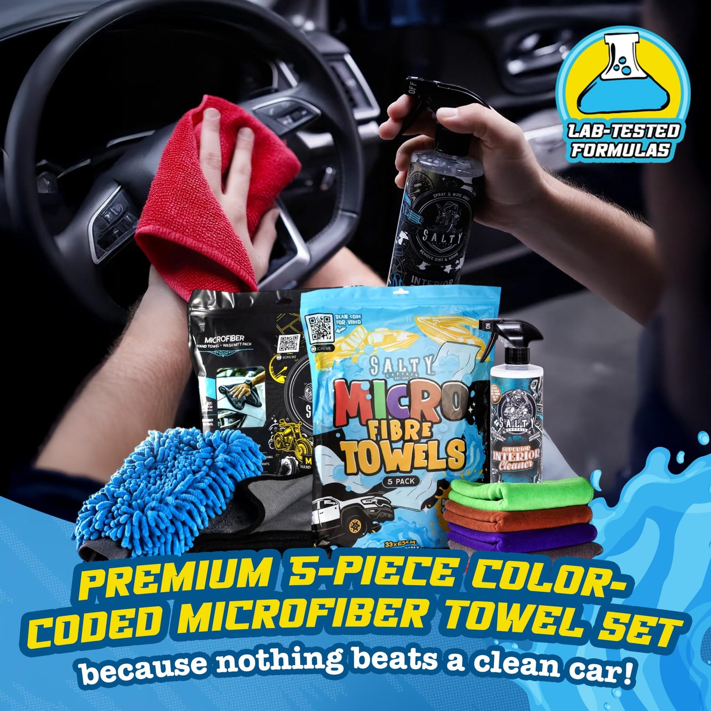 Salty Captain Mega 20-Piece DIY Car Cleaning Kit – All-in-One Car Detailing Kit with 2x Buckets, Towels, Brushes & 6x Cleaning Fluids – Foam Blaster compatible with Garden Hose – Premium Quality