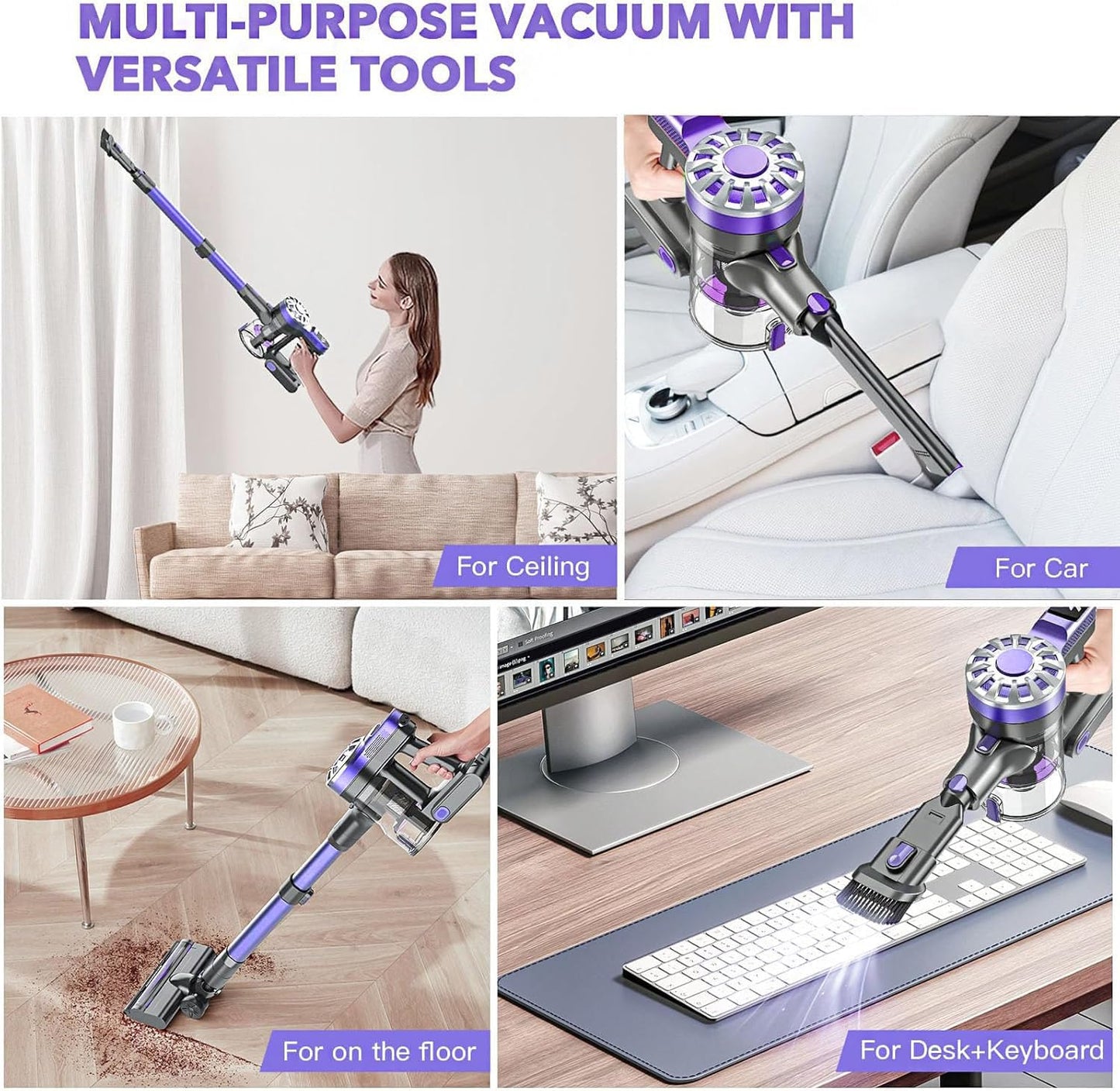 Cordless Vacuum Cleaner,Vacuum Cleaners for Home with Super Suction,Lightweight Stick Vacuum with 35 Mins Runtime,Rechargeable Cordless Vacuum for Carpet, Tile, Pet Hair, Hardwood Floors(Purple)
