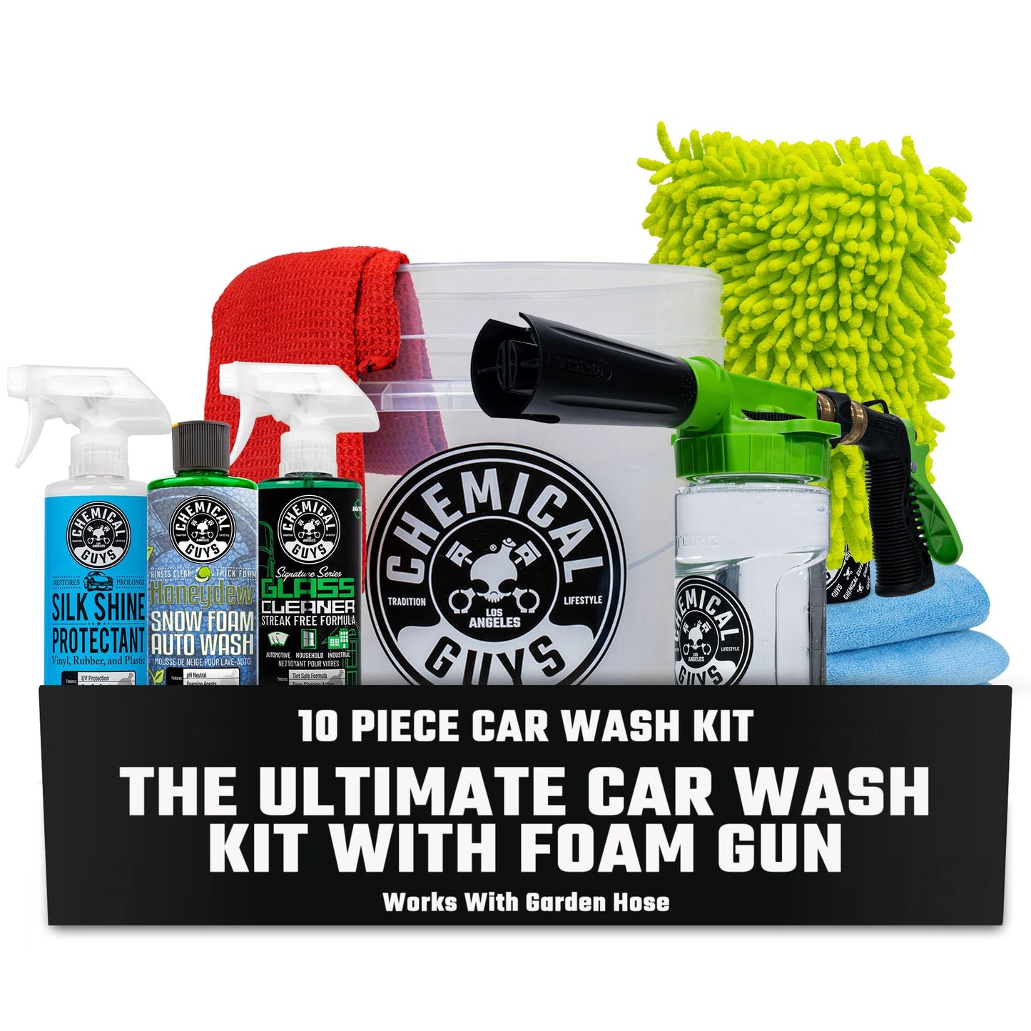 Chemical Guys HOL148 10-Piece Arsenal Builder Car Wash Kit with Foam Gun, Bucket, (4) Towels, Wash Mitt and (3) 16 oz. Car Cleaning Chemicals (Works w/Garden Hose) – 2024 Version