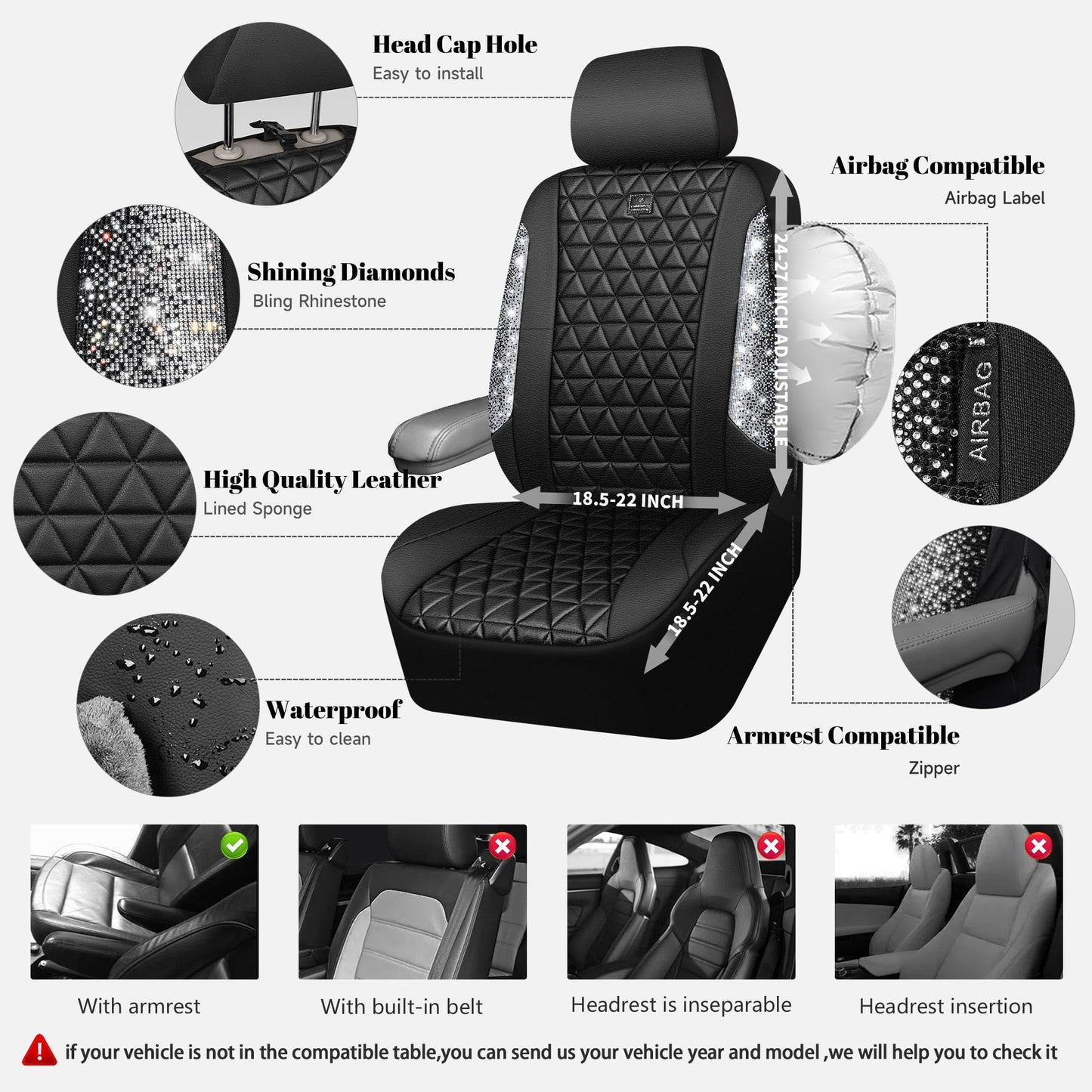 CAR PASS Bling Diamond Leather Car Seat Covers Full Seats Interior Sets, Waterproof Shining Glitter Sparkly Crystal Universal Armrest Fit Automotive Truck SUV Cute Women Girl, Black Silver Rhinestone