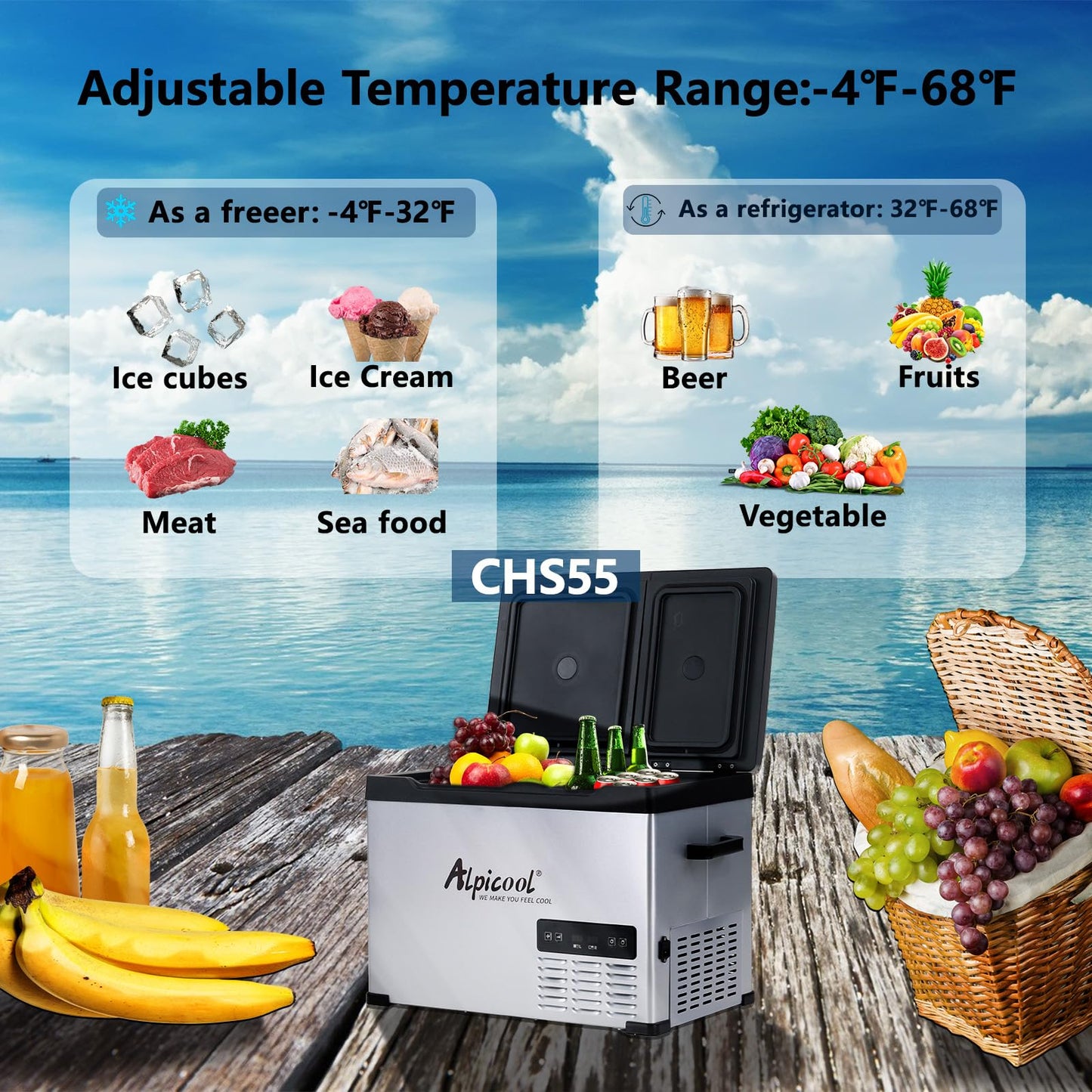 Alpicool CHS55 Dual Temperature Control 12 Volt Refrigerator 42 Quart Portable Car Fridge Freezer (-4°F~68°F) for Truck, RV, Boat, Camping and Travel