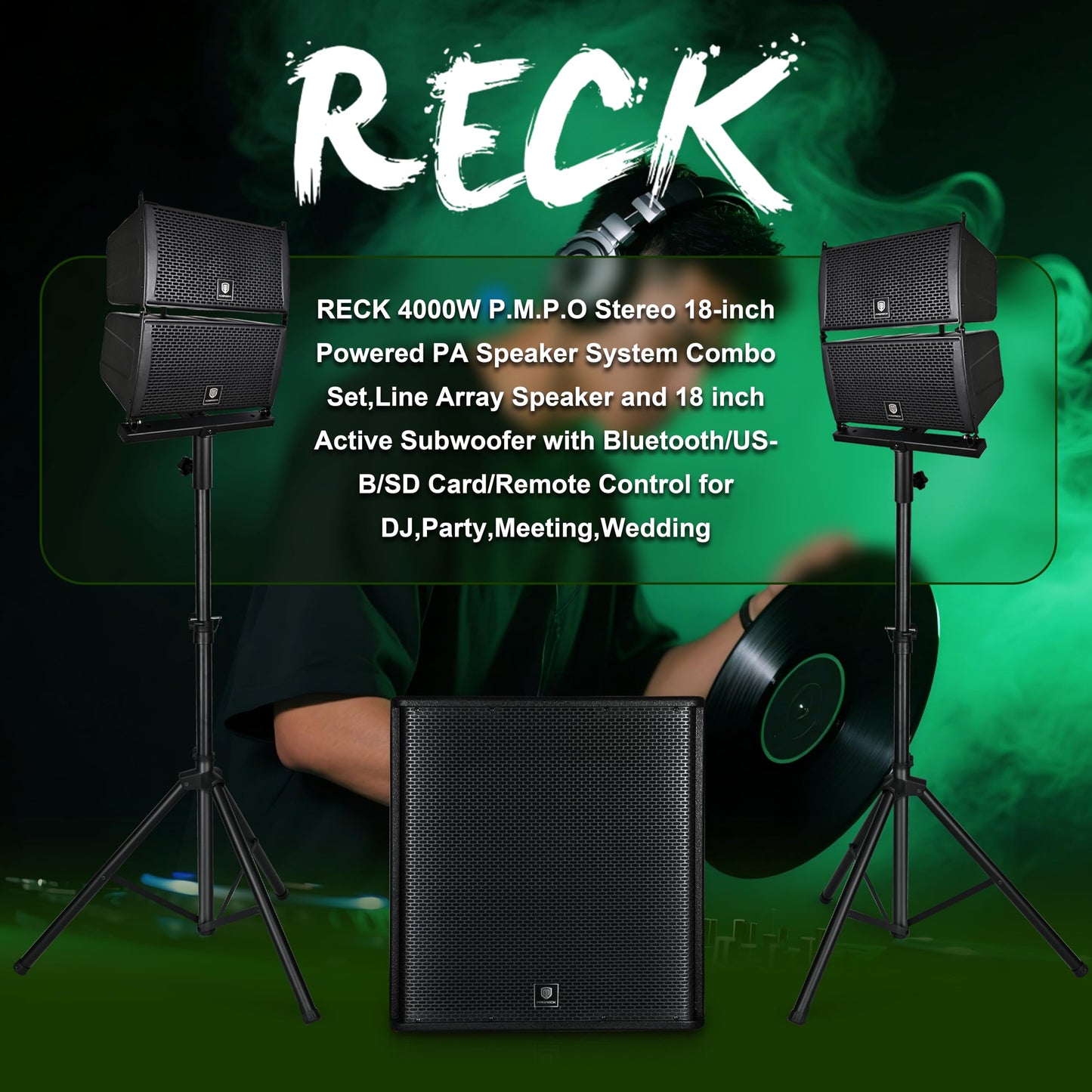 RECK 4000W P.M.P.O Line Array and 18 inch Active Subwoofer Powered PA System | Bluetooth/USB/SD/Remote Control for DJs, Bands, Events,Party
