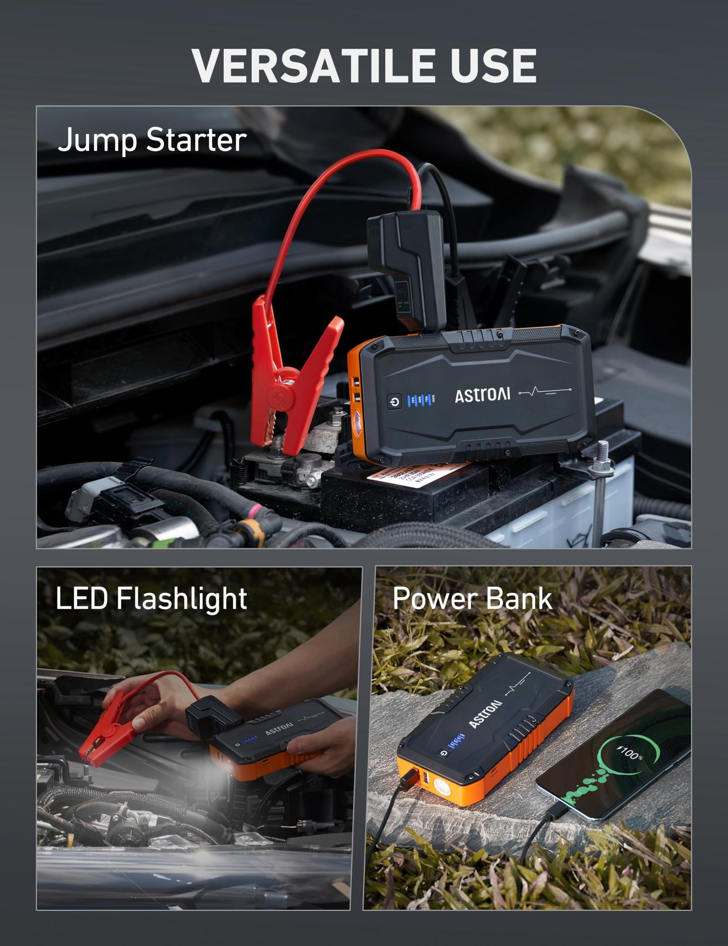 AstroAI S8 Car Battery Jump Starter, 1500A Peak Car Jumper Starter Battery Pack for Up to 6.0L Gas & 3.0L Diesel Engines, 12V Portable Jump Box with 3 Modes Flashlight and Jumper Cable (Orange)