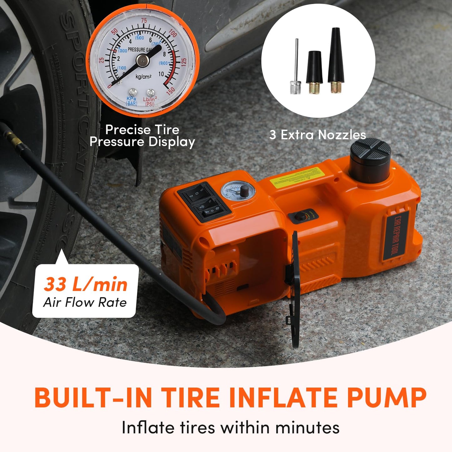 Electric Car Jack Kit 5 Ton 12V Floor Jack Portable Hydraulic Car Jack with Impact Wrench and Tire Inflator Pump for SUV Sedans Tire Change with LED Light, Lifting Height 6 to 17.7 Inch