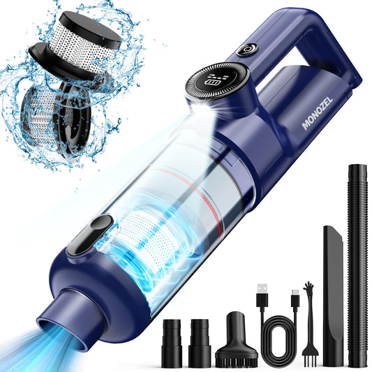 MONOZEL Handheld Vacuum Cordless - Car Vacuum Cleaner with Brushless Motor, 15000Pa Strong Suction, LED Light, Type C Cable, 2 Fliters, Portable Hand Vacuum for Home, Pet and Car