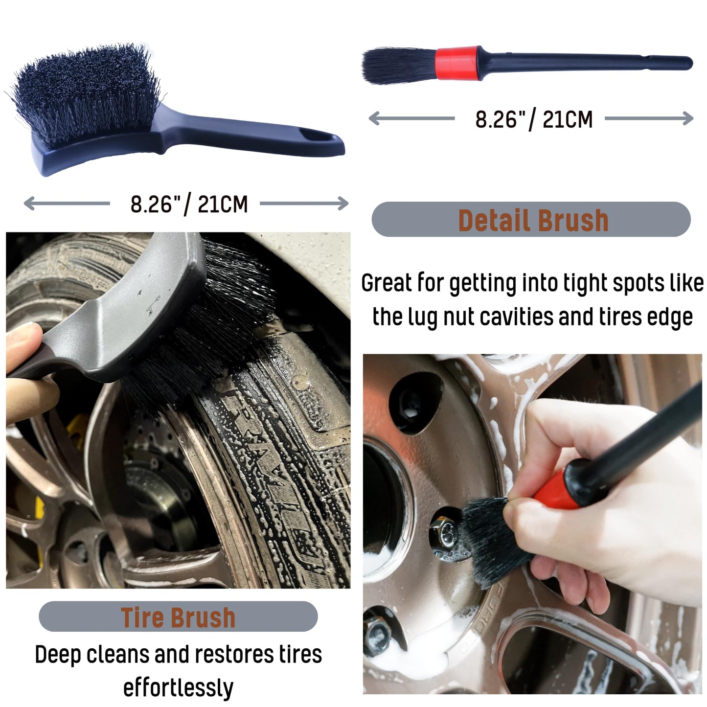 oesee Refined Long Handle Car Wheel Brush Arsenal, Soft Wheel and Rim Brush,Tire Brush, Bendable & Durable Car Wheel Rim Cleaner Brush Set for Cleaning Wheel and Tire, Large, Grey & Black
