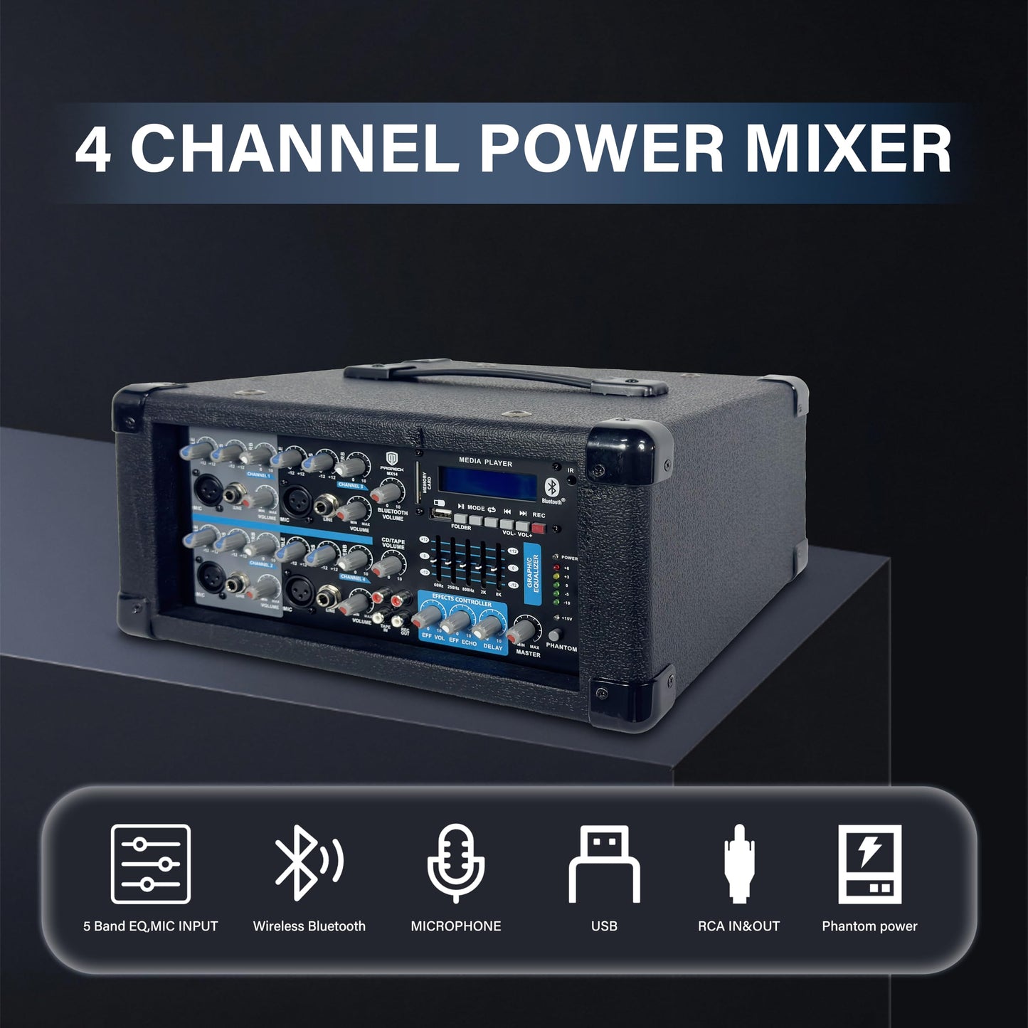 PRORECK DELTA 10 1800W Bluetooth PA Speaker System with 4-Channel Powered Mixer, 2 10-Inch Passive Speakers, Stands, Reverb Effects, and 15V Phantom Power. Perfect for DJs, Bands, Karaoke, Live Events