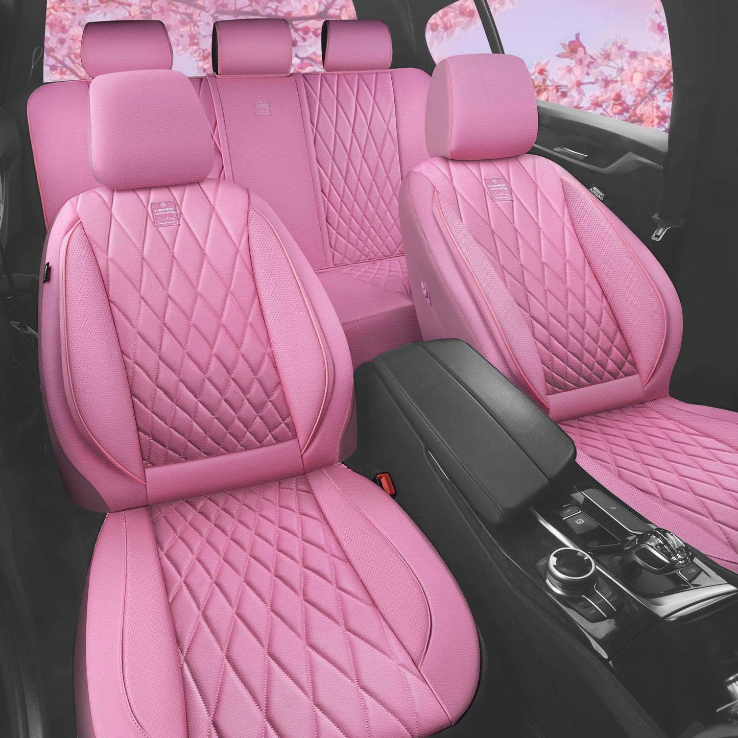 CAR PASS 5 Seats Piping Luxury Leather Seat Covers Full Set, Anti-Slip Waterproof Seat Covers Compatible with Front Armrests, Universal Fit for Suvs,Vans,Trucks,Airbag Compatible, Pure Pink