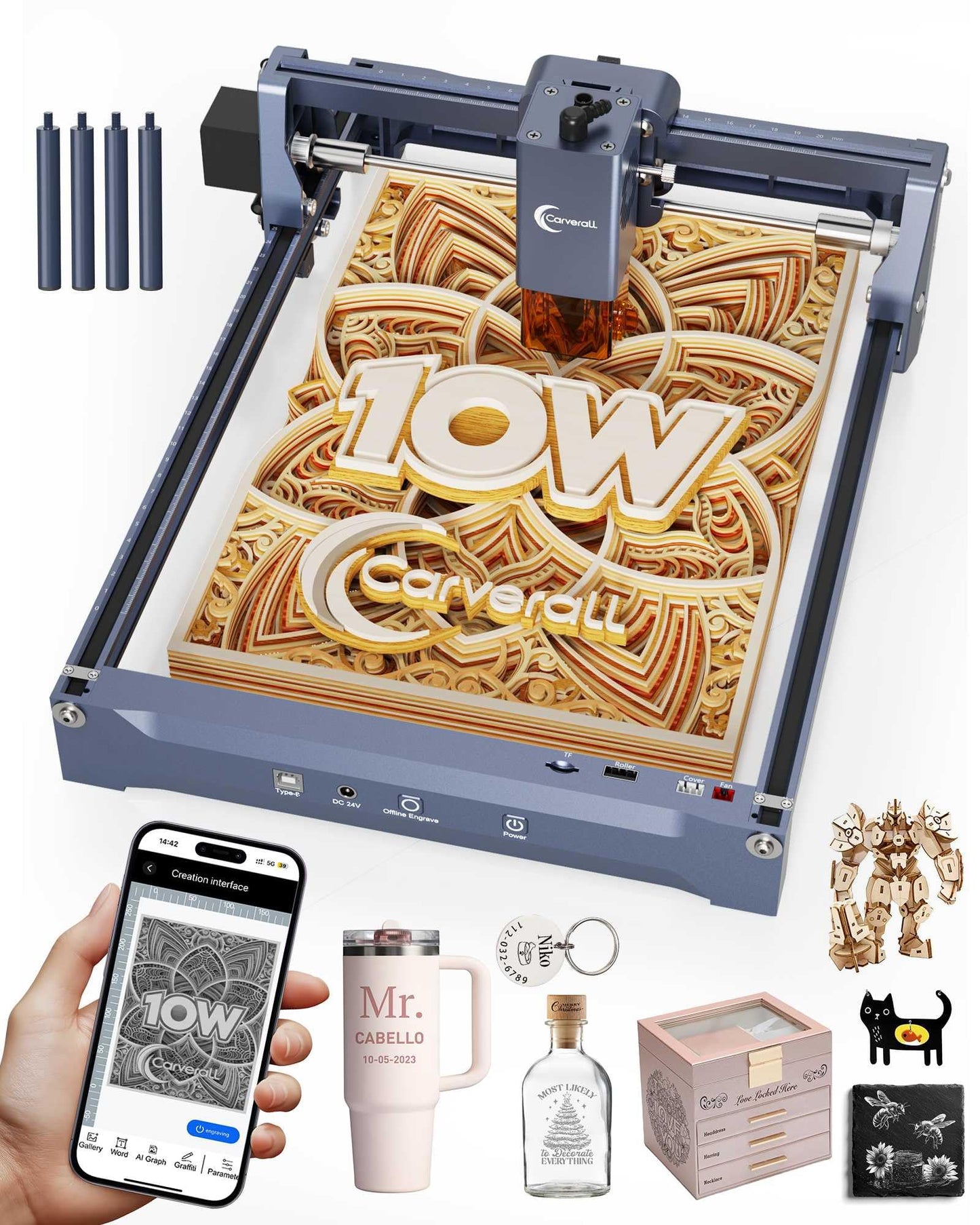 Laser Engraver 10W Laser Engraving Machine for Wood Metal Acrylic Glass Stone, Powerful DIY CNC Portable Laser Cutter 7.9" x 11.8" (Near A4) Offline Engraving Carverall K15 Pro, 10000mW, Class 1