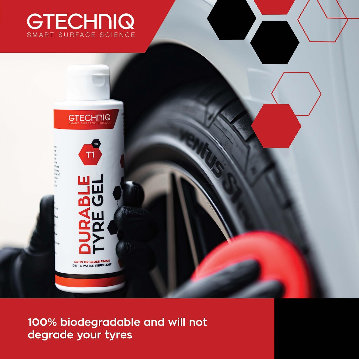 Gtechniq T1 Durable Tyre Gel for Car Tyre Shine, Car Wheel Cleaner Repels Water, Dirt and Grime, Restores Tyre Black Finish, Anti-Sling Formula, 100% Biodegradable, 250ml