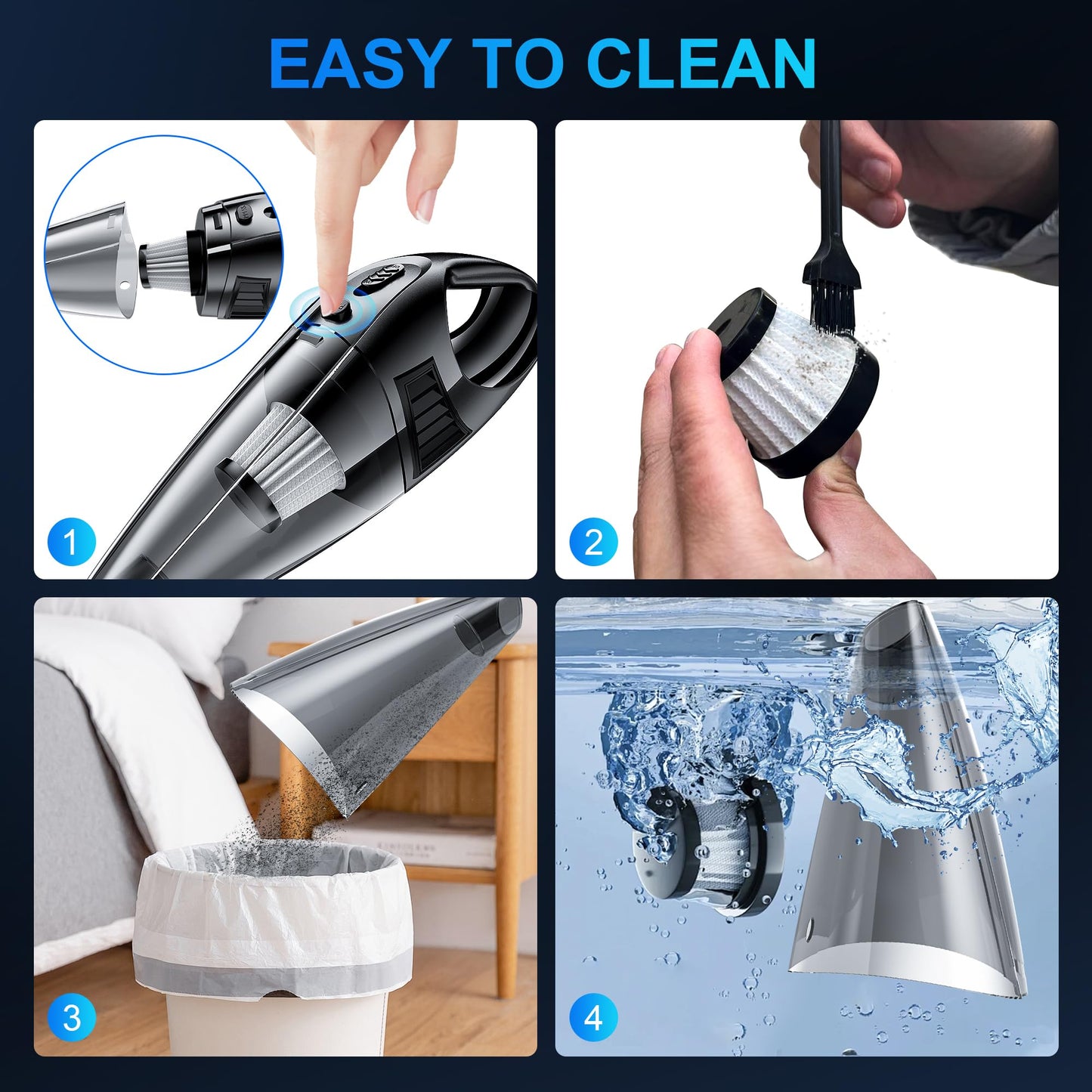 Handheld Car Vacuum Cleaner with 8000PA Powerful Suction, Portable Car Vacuum Cleaner with 2 Filters, Mini Brush, Lightweight, 0.34L Capacity, Essential Accessories