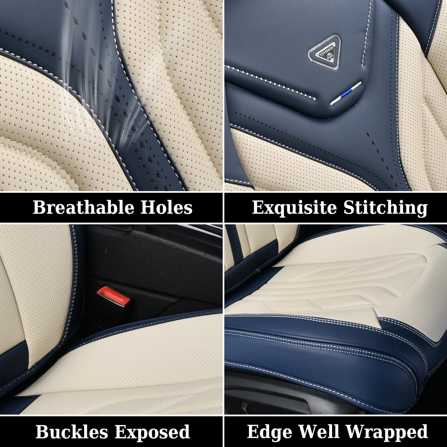 Coverado Car Seat Covers Full Set, Leather Seat Covers for Cars, Automotive Seat Covers Car Seat Protectors Car Accessories Universal Fit for Most Sedans SUV Pick-up Truck(Blue&Beige)