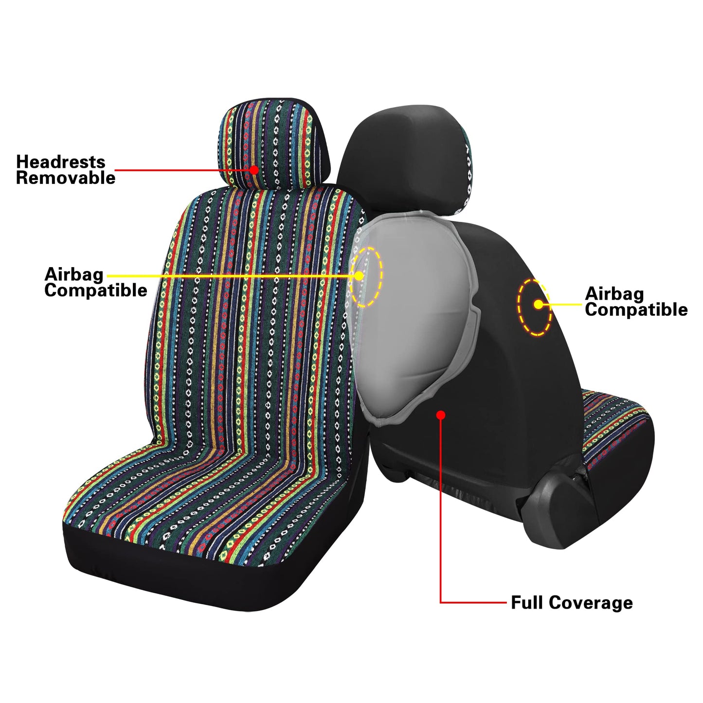 Pariitadin Baja Saddle Blanket Car Seat Covers Front Set with Seat Belt Pads, Washable Breathable Striped Woven Cloth Seat Covers for Cars, Universal Fit Most Cars, Airbag Compatible, Red/Blue