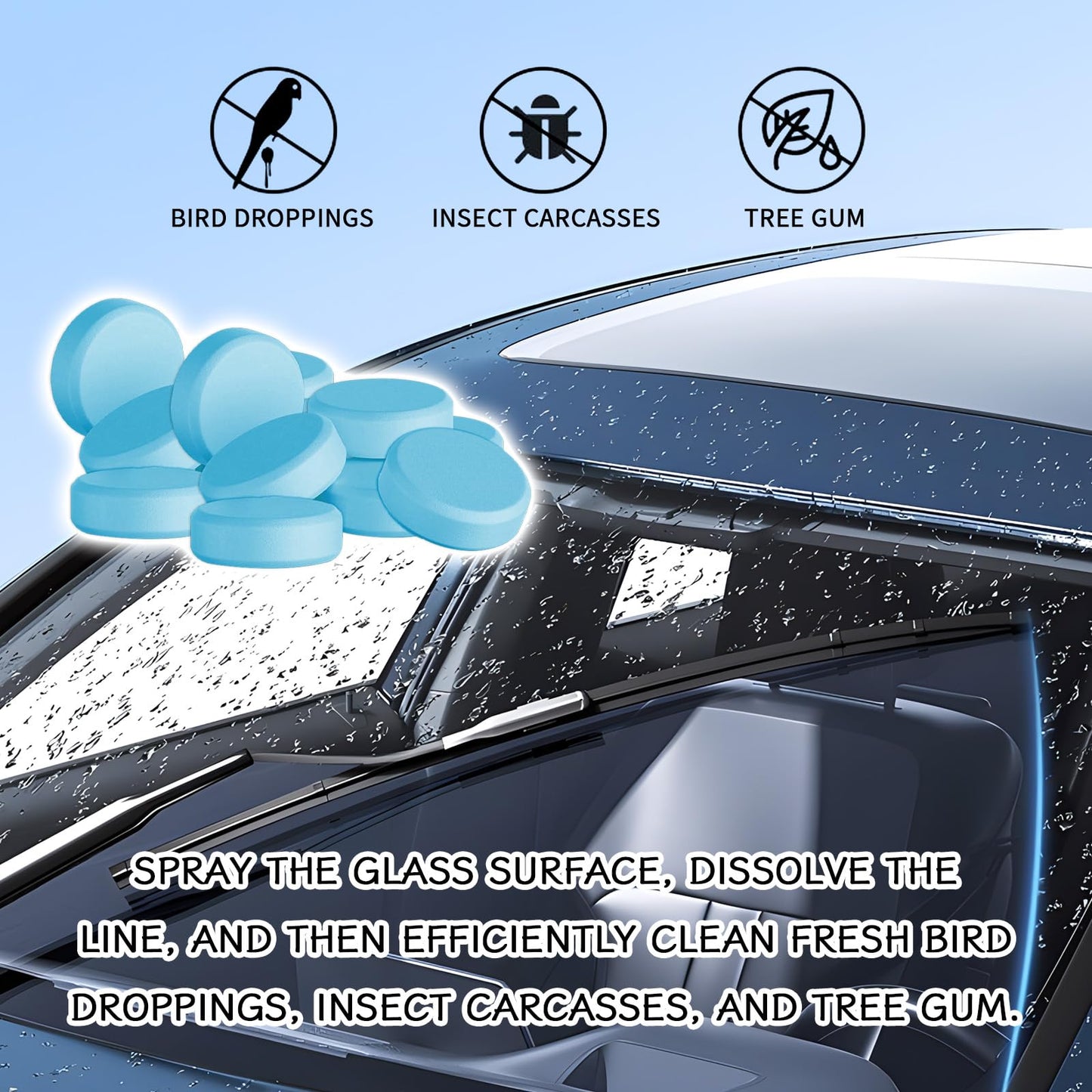 KUQUTIDY 30PCS Washer Fluid Tablets, Windshield Wiper Fluid Cleaner Concentrate, Car Windshield Window Washer Solid Effervescent, Remove Glass Stains for Car Room Kitchen Window Glass Cleaning