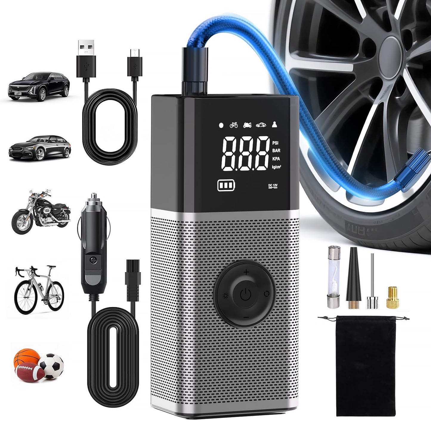 Tire Inflator Portable Air Compressor,150PSI Air Pump for Car Tires with Rechargeable Battery & Tire Pressure Gauge,5X Faster Portable Tire Inflator for Car, Motorcycle, Bike, Ball