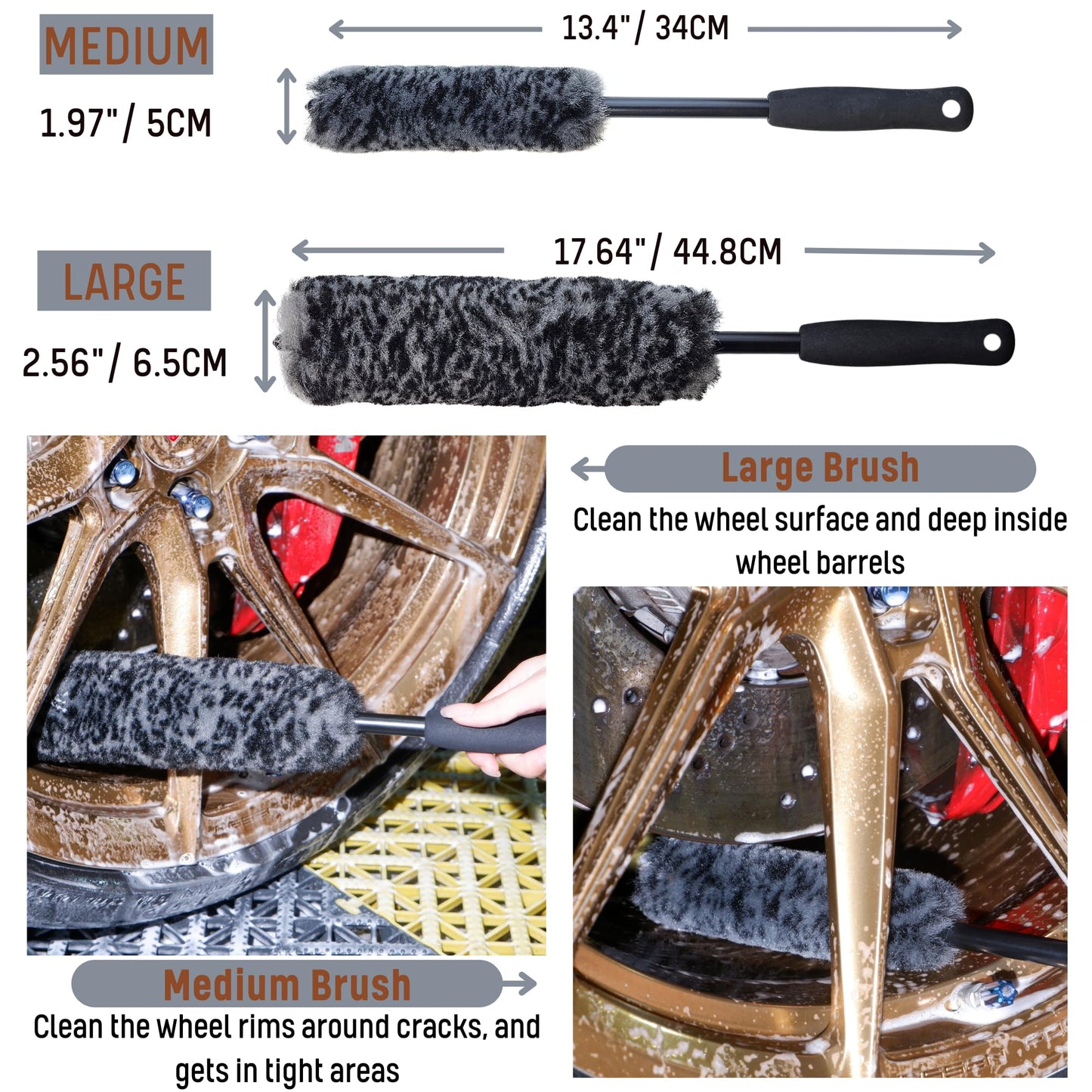 oesee Refined Long Handle Car Wheel Brush Arsenal, Soft Wheel and Rim Brush,Tire Brush, Bendable & Durable Car Wheel Rim Cleaner Brush Set for Cleaning Wheel and Tire, Large, Grey & Black
